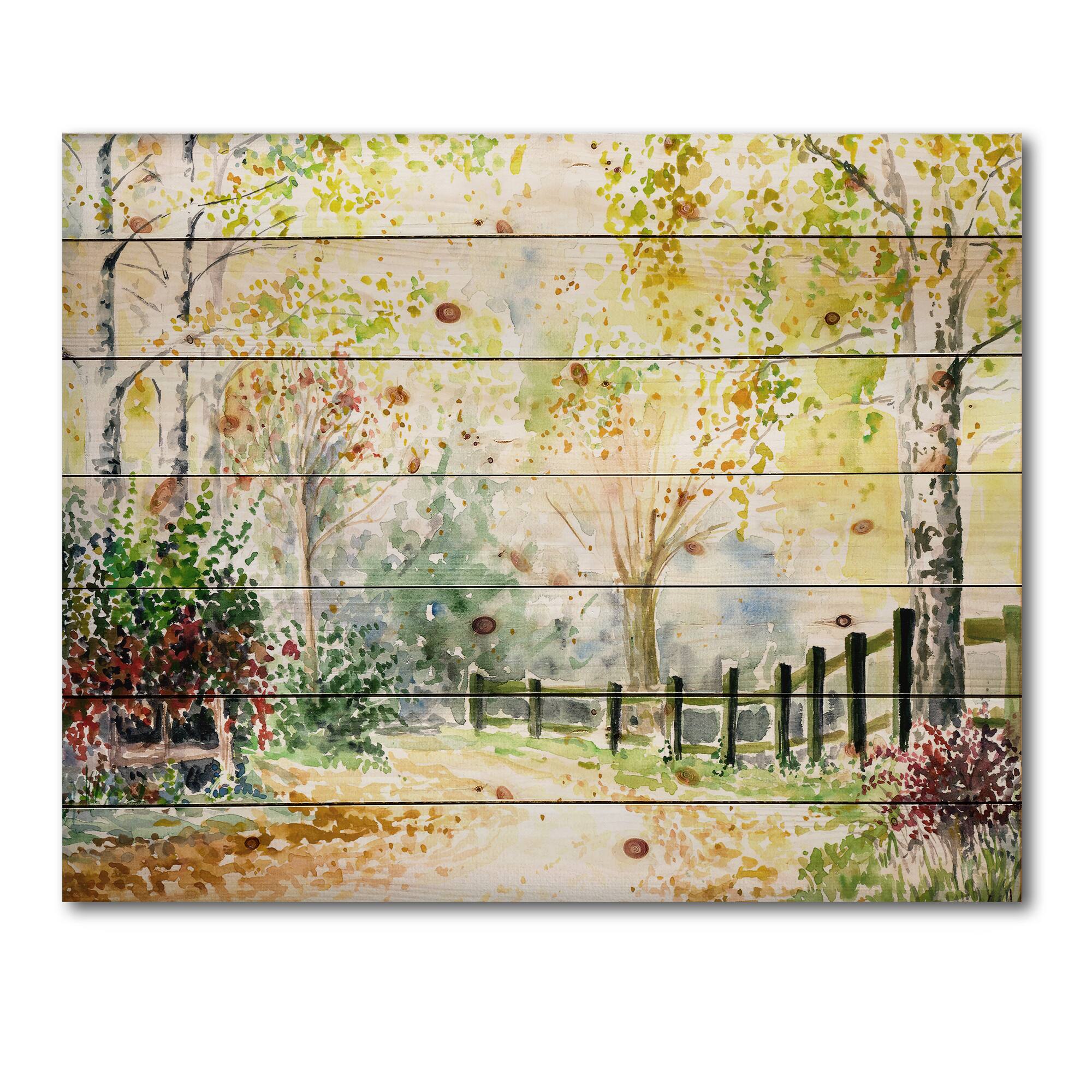Designart - Autumn Countryside Landscape In The Afternoon - Traditional Print on Natural Pine Wood