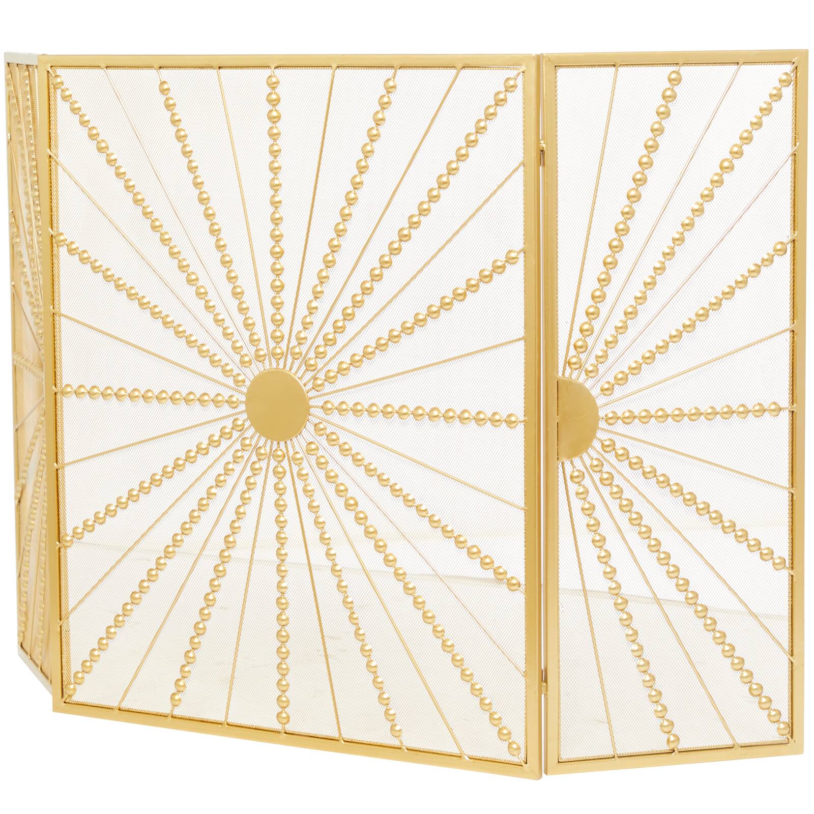 Gold Metal Foldable 3-Panel Starburst Fireplace Screen with Bead Inspired Rays