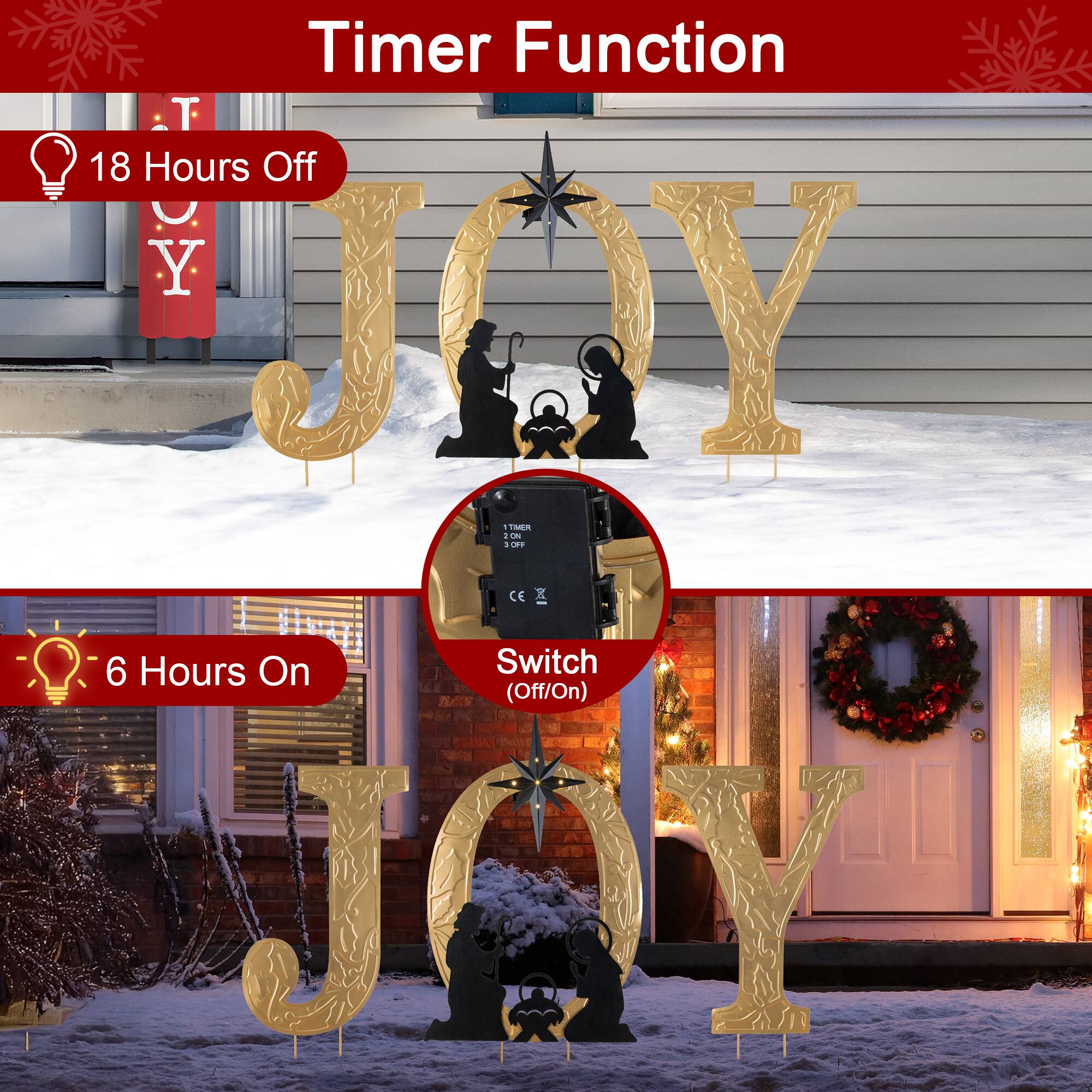 Glitzhome® Set of 3 Lighted Christmas Metal Embossed Gold JOY Yard Stake with Timer