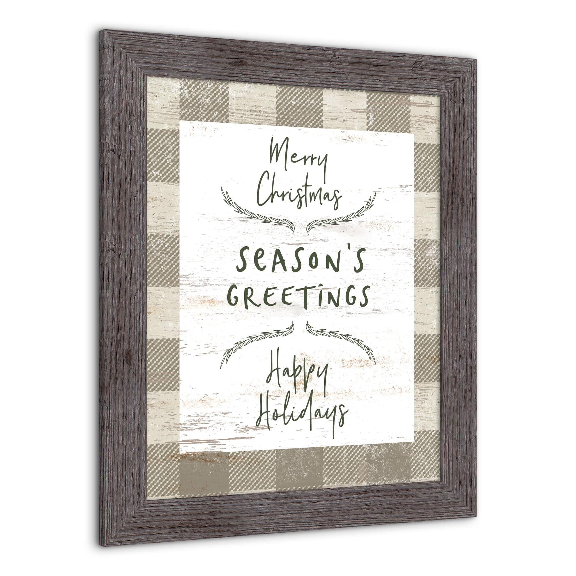 Taupe Buffalo Check Holiday Phrases Print in Western Gray Frame