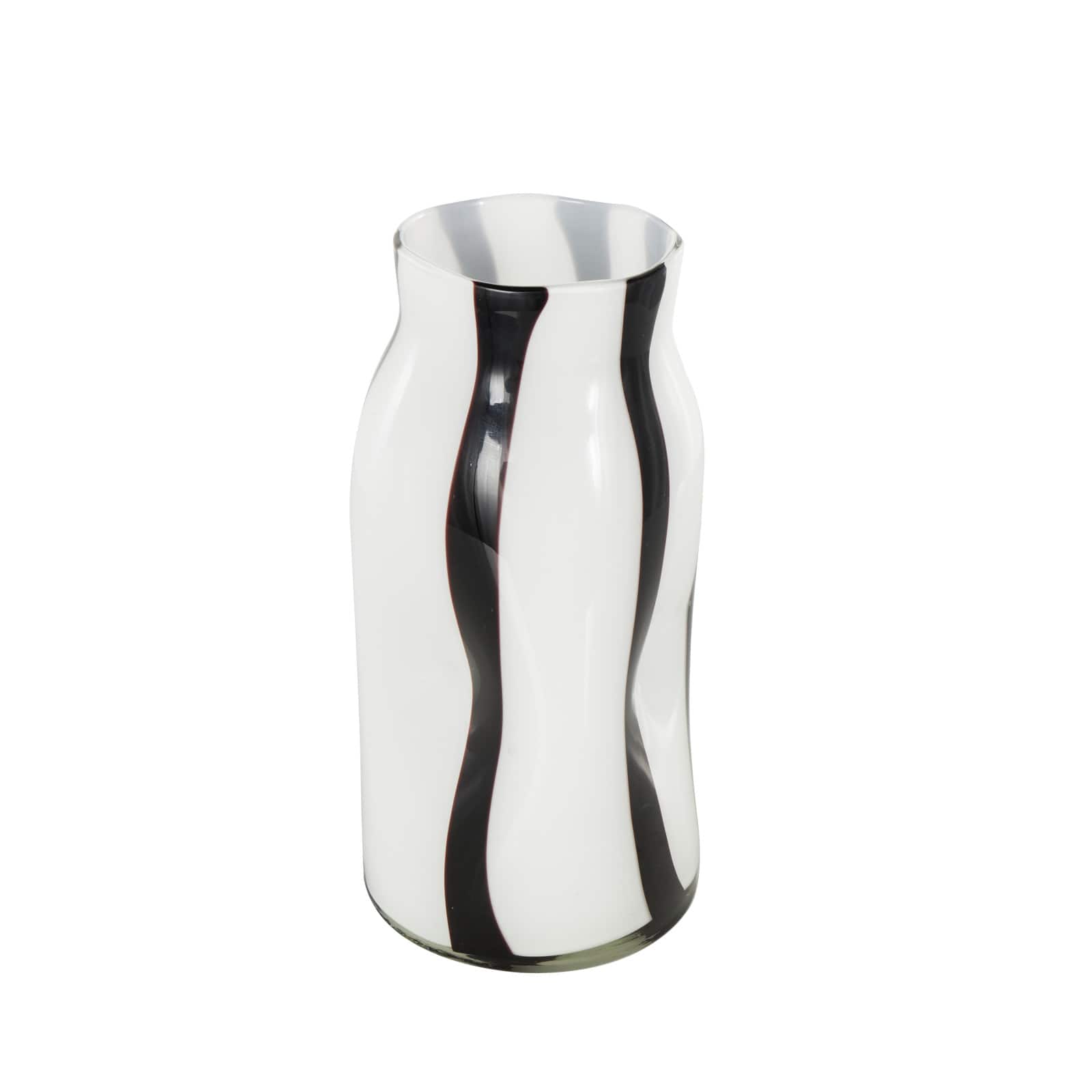 12" White & Black Stripes Round Concaved Glass Vase