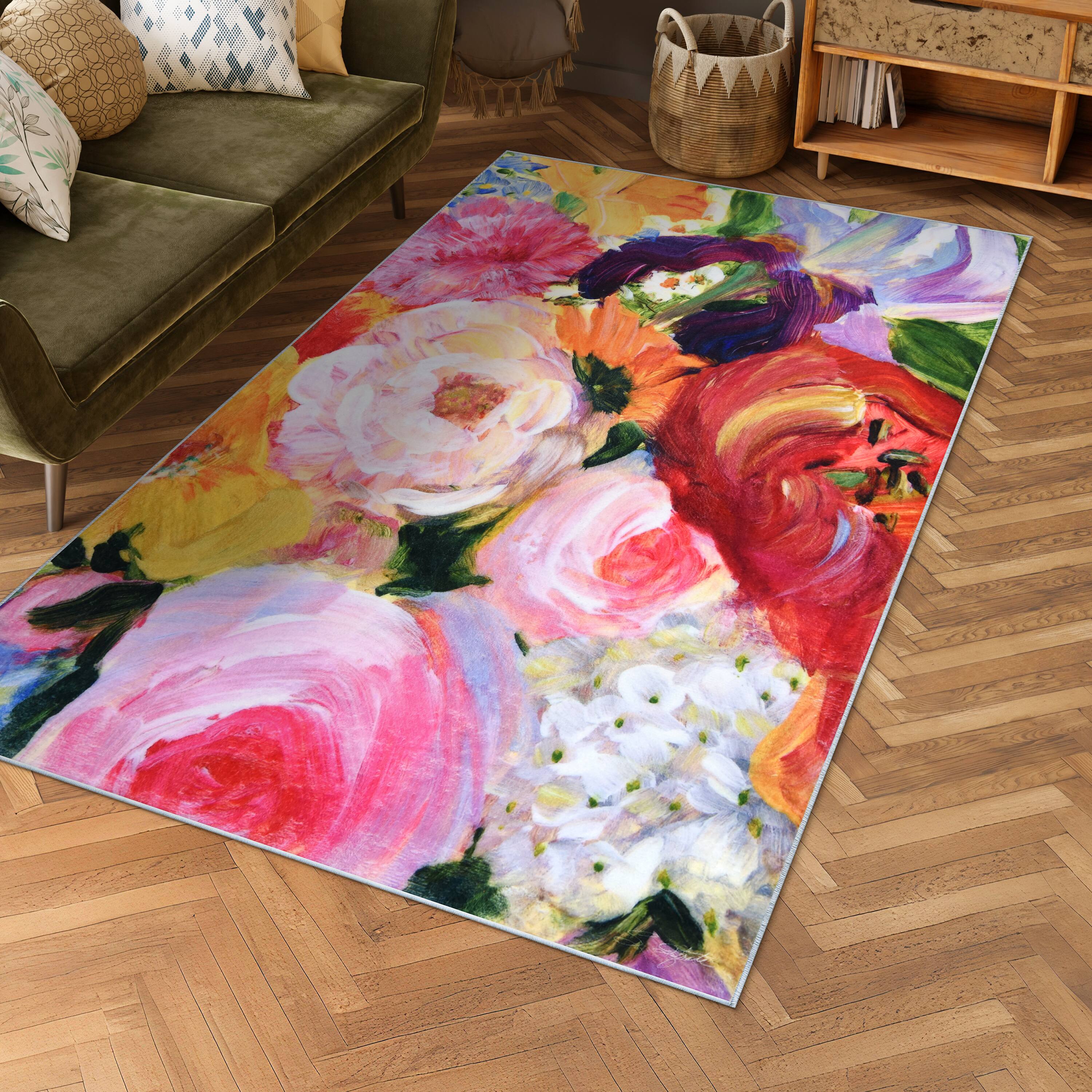 Empire Art Direct 5ft. x 7.5ft. Yellow & Violet Flowers I Washable Area Rug