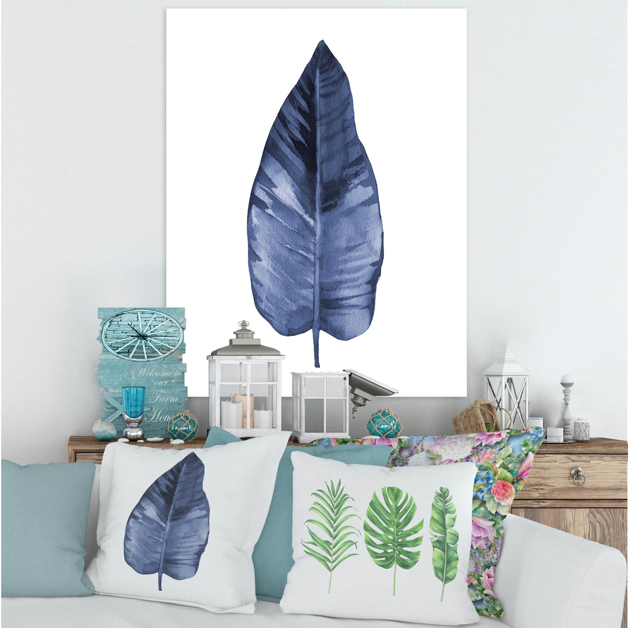 Designart - Blue Leaf Watercolour On White - Traditional Canvas Wall Art Print