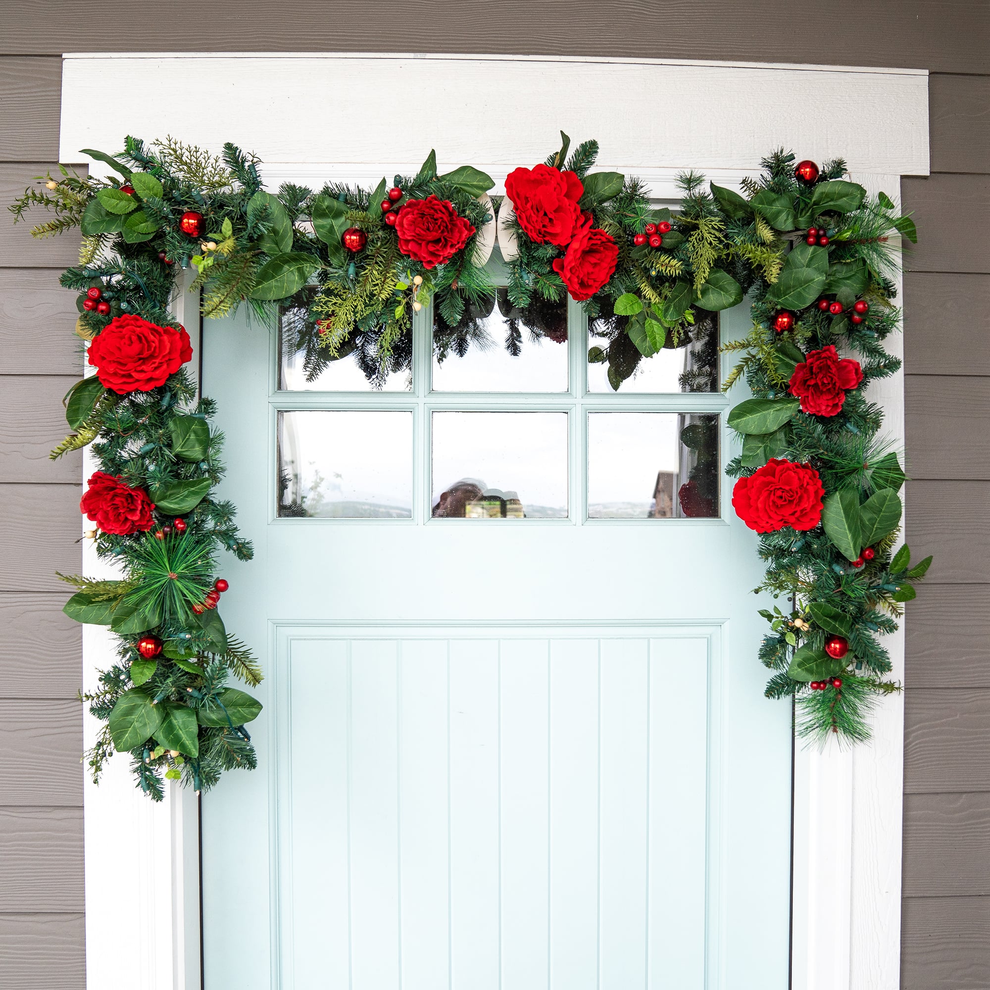 Village Lighting 9ft. Pre-Lit LED Red Peonies & Berry Garland