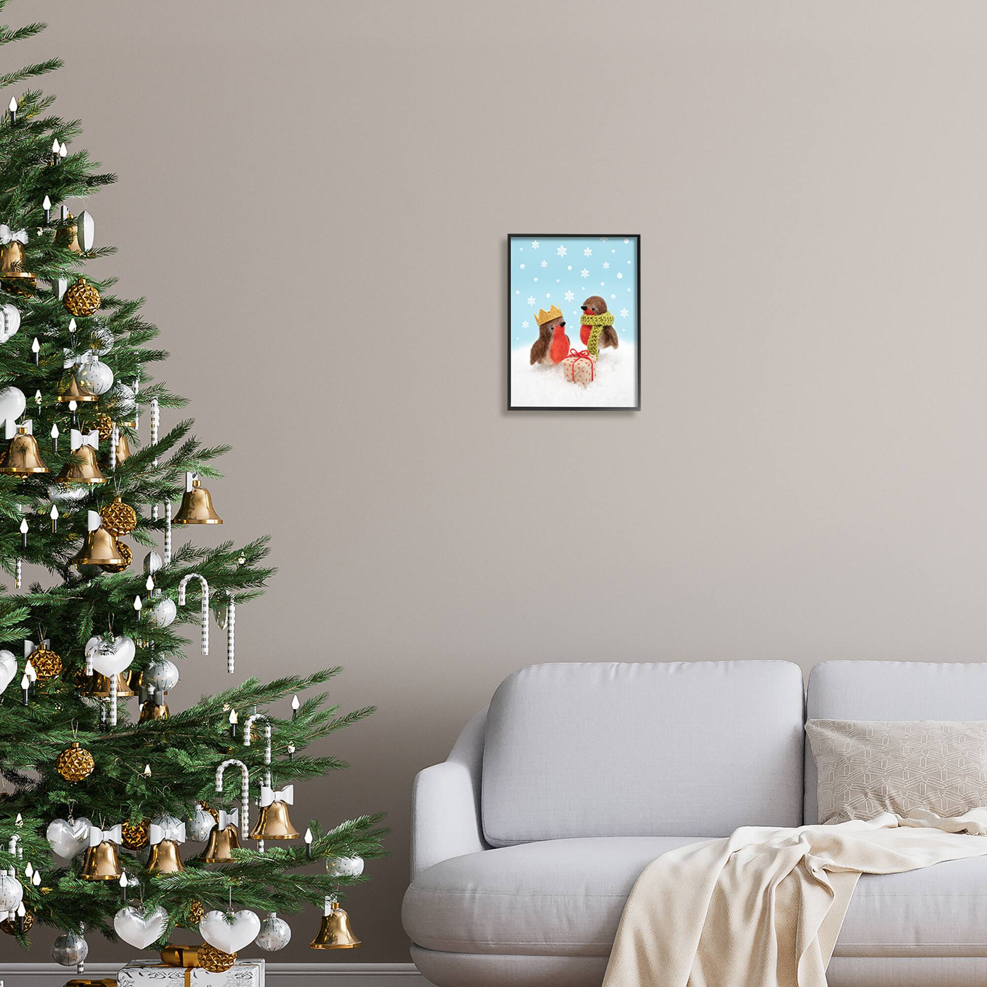 Stupell Industries Birds Gift Giving Christmas Snow Framed Giclee Art