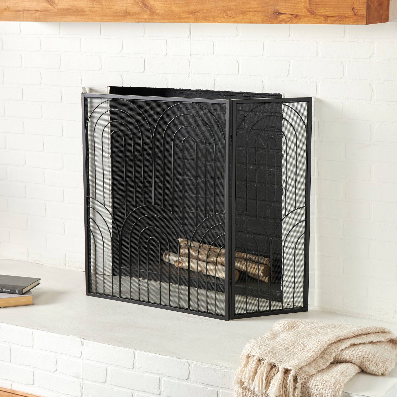 Black Metal Art Deco 3-Panel Fireplace Screen