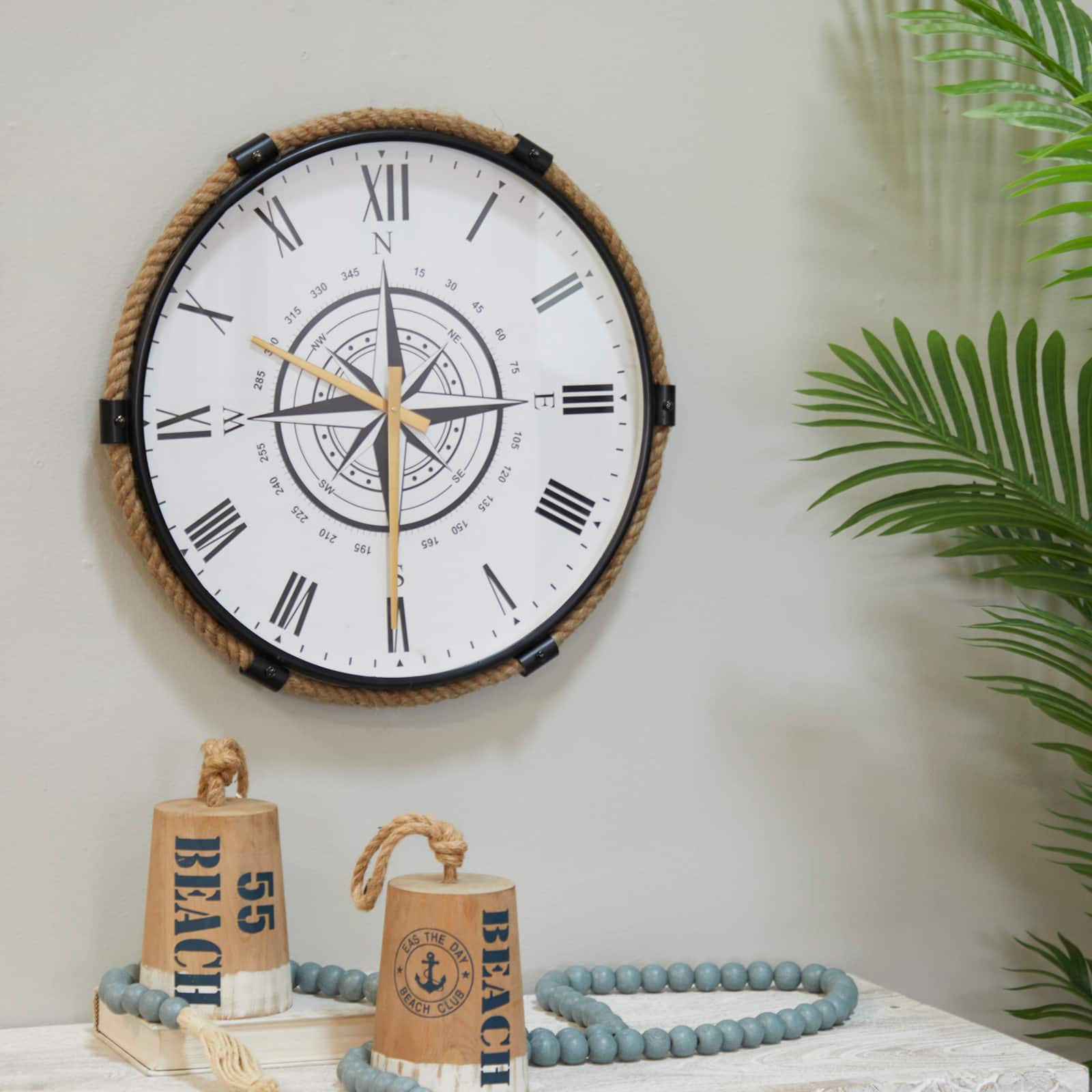 20" Brown Stainless Steel Compass Wall Clock with Rope Accents