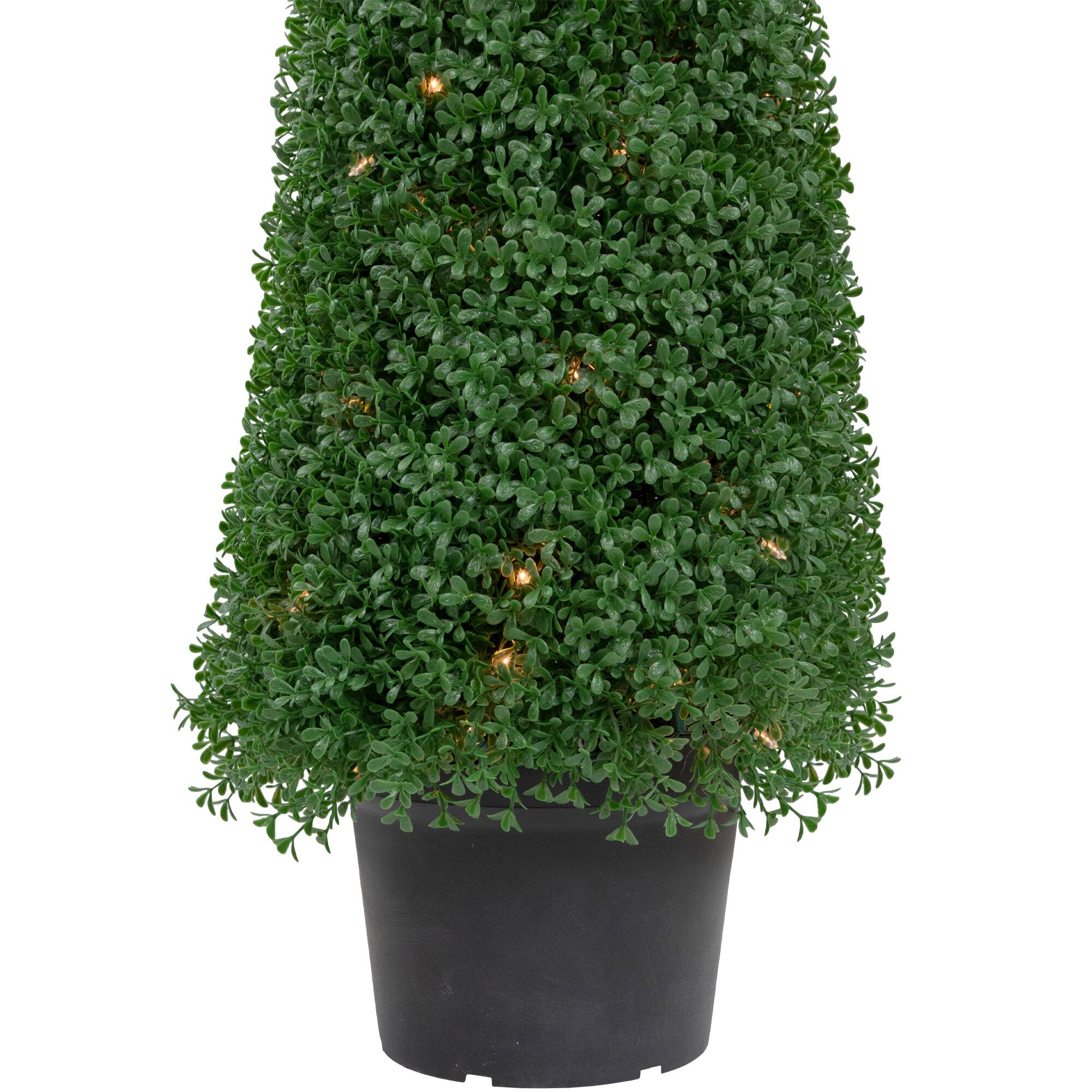 4ft. Pre-Lit Artificial Boxwood Cone Topiary Tree with Round Pot, Clear Lights