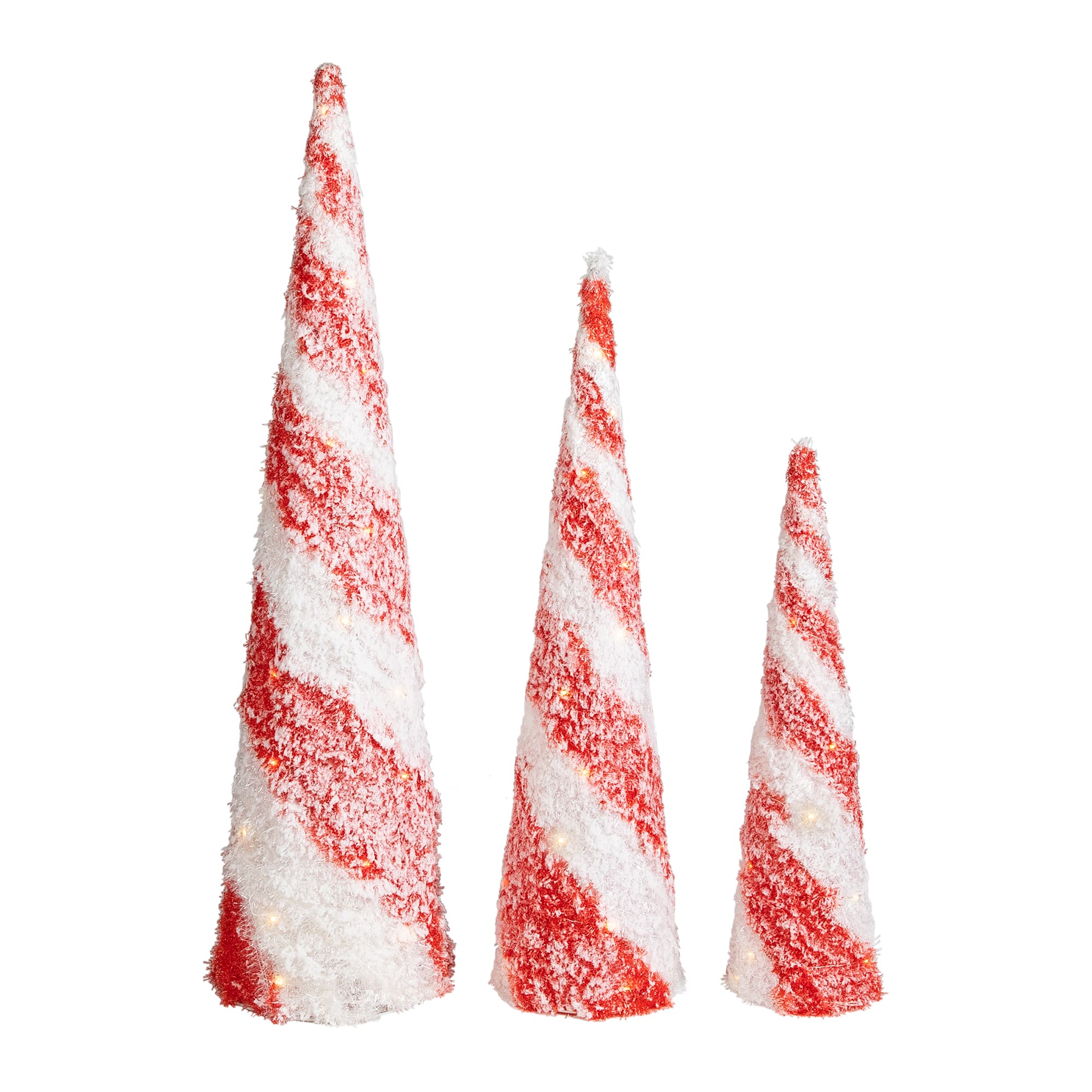 Northlight Led Lighted Snow Candy Cane Cone Trees 3-pc. Lighted Christmas Tabletop Decor, One Size, Red