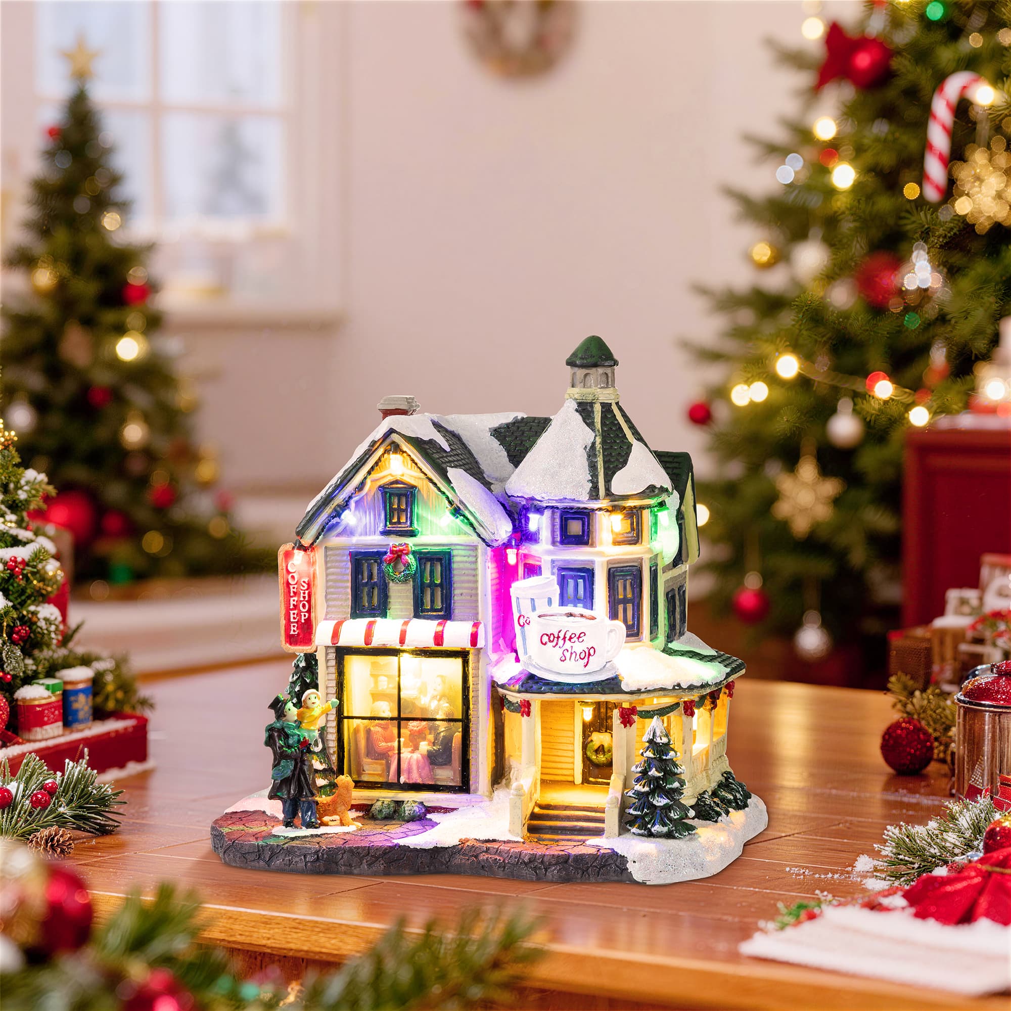 Glitzhome® 8.5" Lighted Christmas Coffee Shop Musical Resin Village with Timer