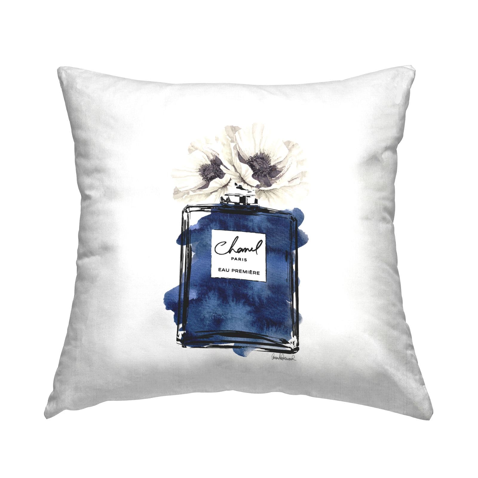 Stupell Industries Blue Fashion Fragrance Bottle White Poppy Flowers Throw Pillow, 18" x 18"