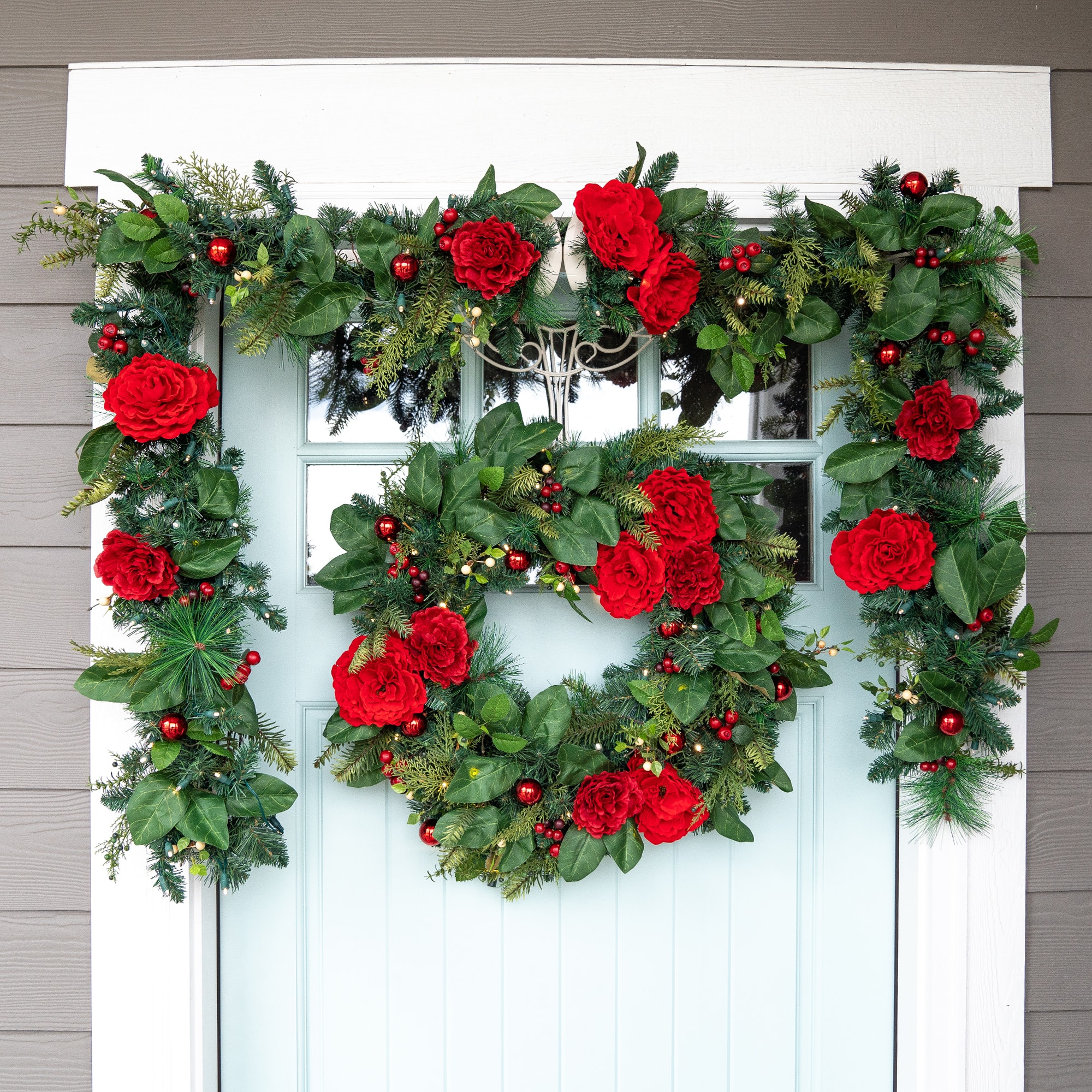 Village Lighting 30" LED Red Peonies & Berry Wreath