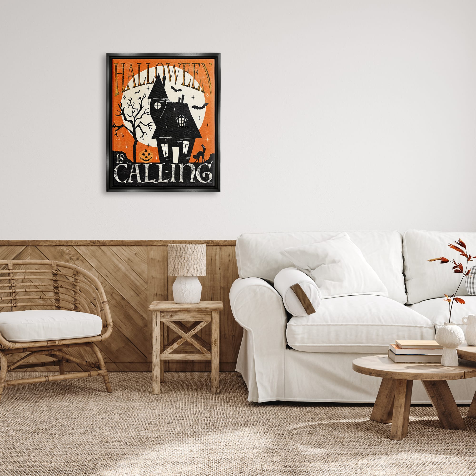 Stupell Industries Halloween Is Calling Haunted House Framed Floater Canvas Wall Art
