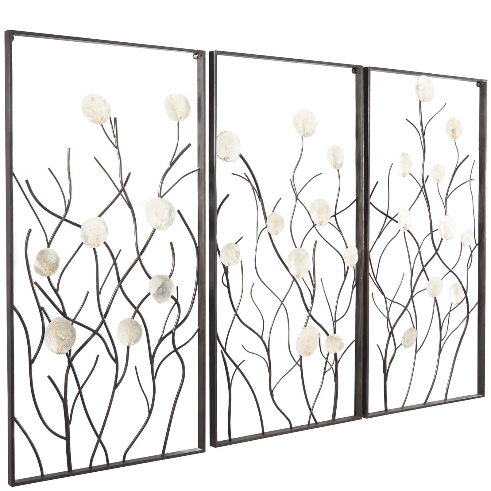 Black Metal Floral Wall Decor with Capiz Accents Set of 3 20", 40"