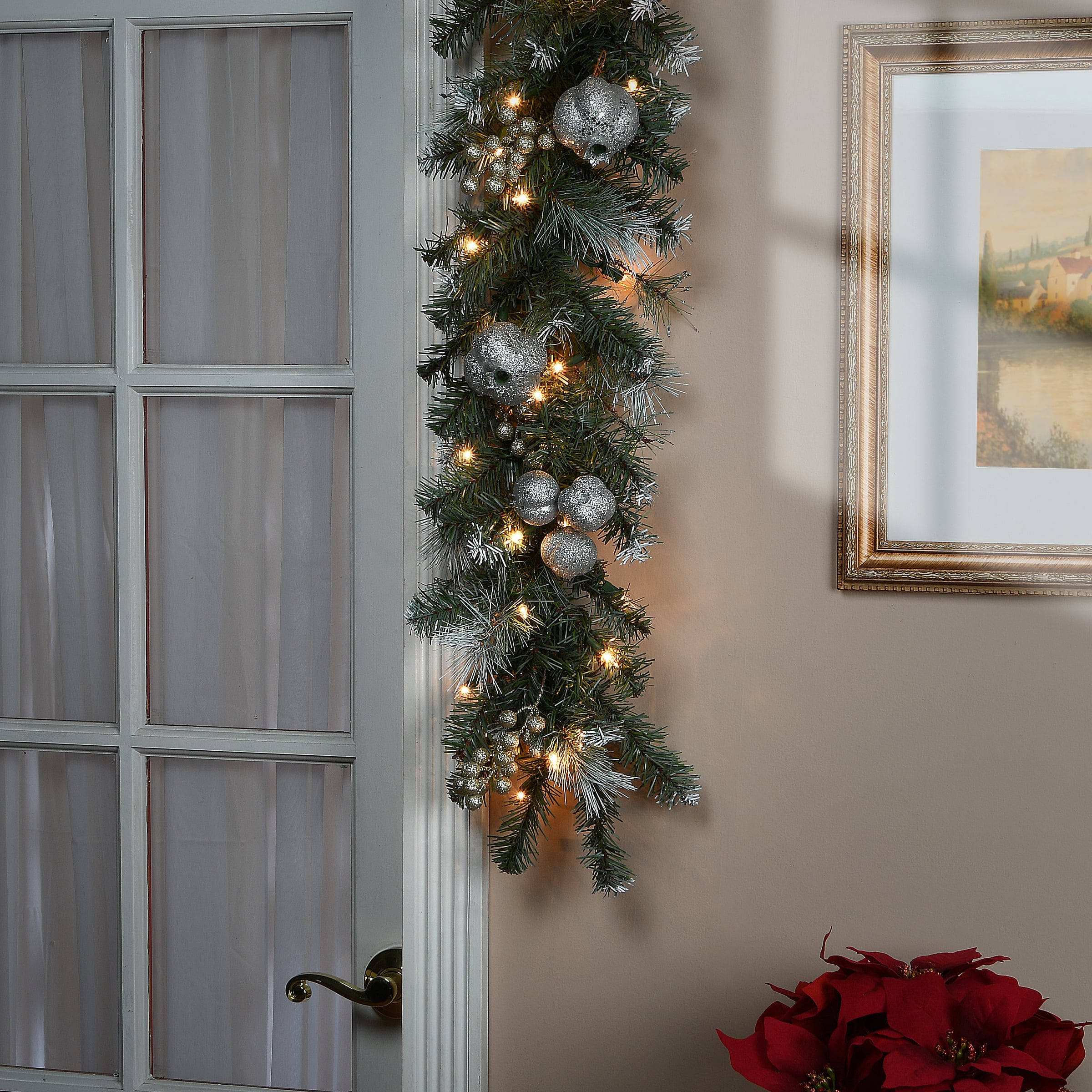 9ft. Pre-lit Glittery Pomegranate Pine Garland with Silver Pomegranates,Champagne Berries Frosted Tips and 100 Clear Lights