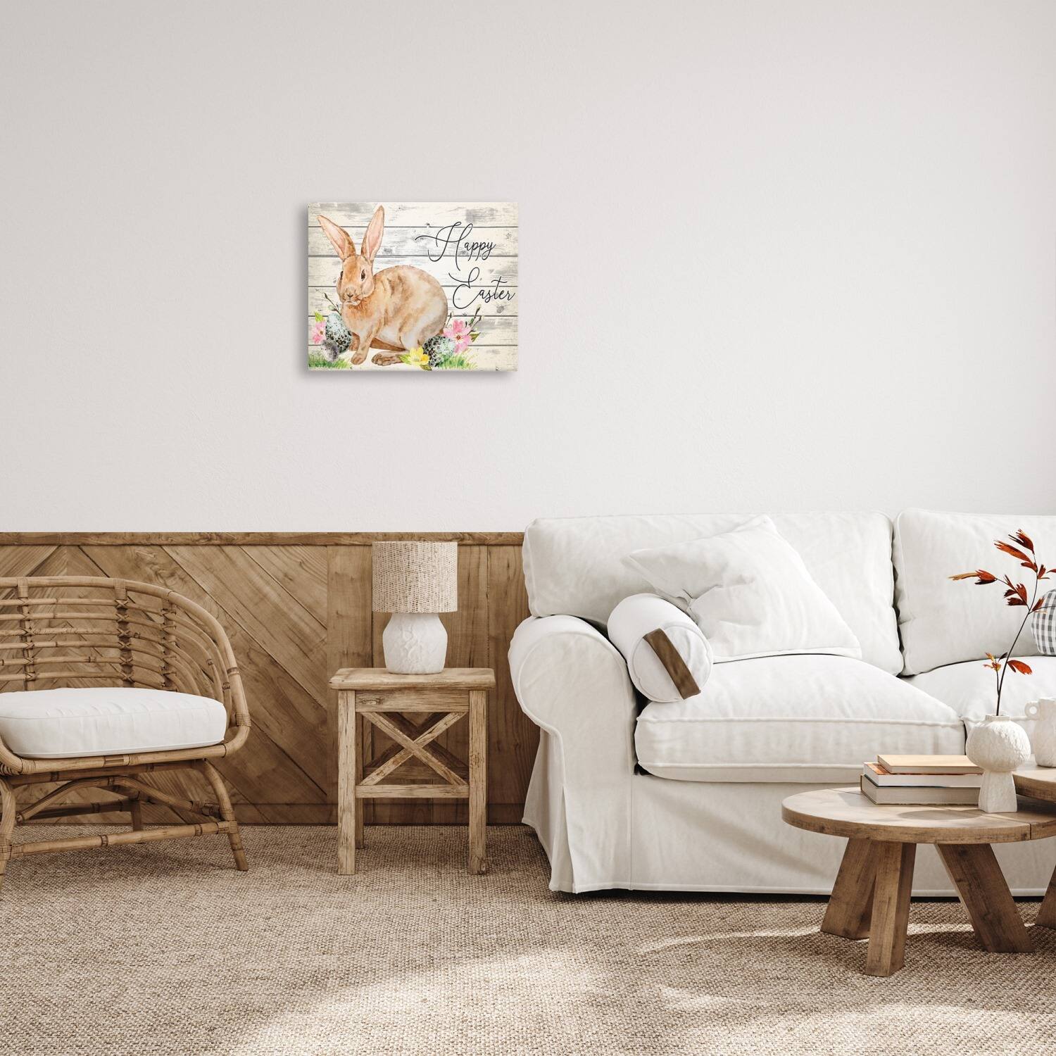 Stupell Industries Spring Floral Happy Easter Bunny Canvas Wall Art