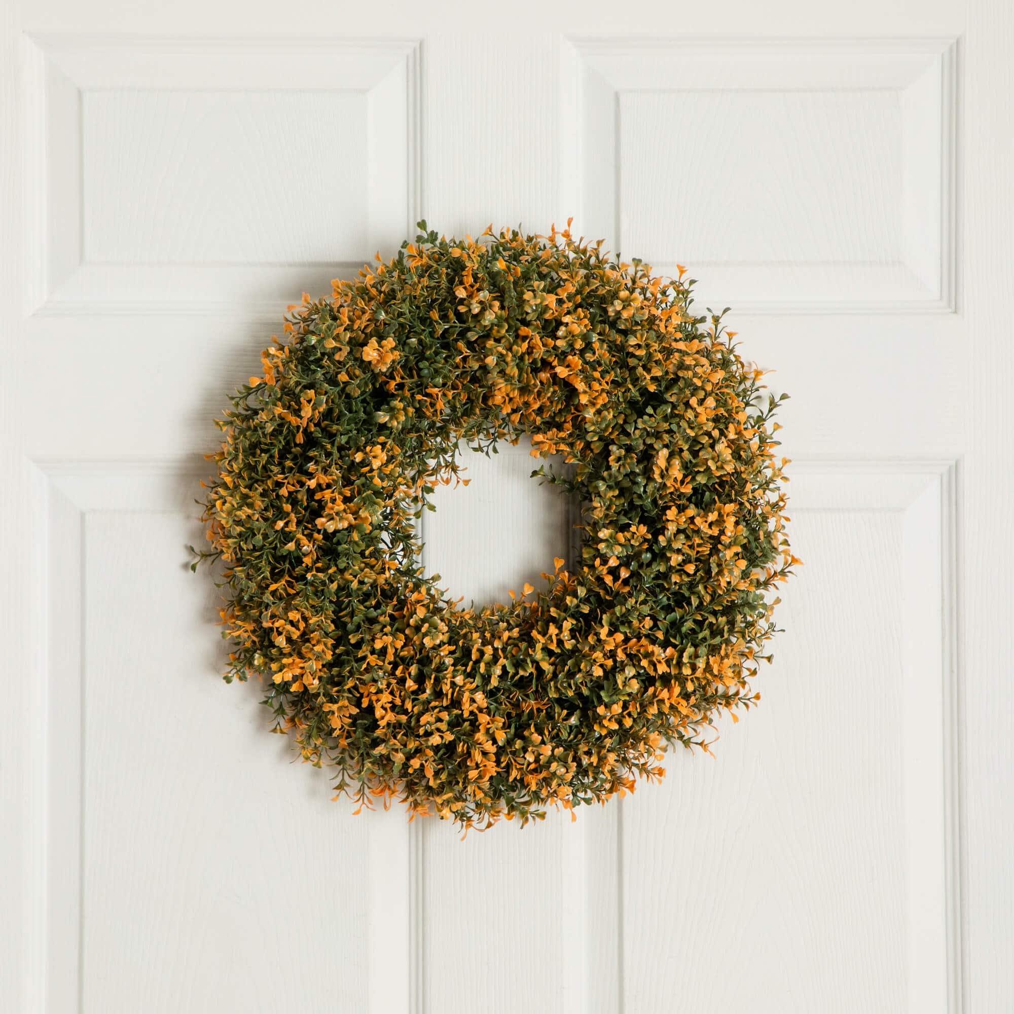 18in. Pre-Lit Autumn Boxwood Artificial Fall Wreath with 25 Warm White LED Lights