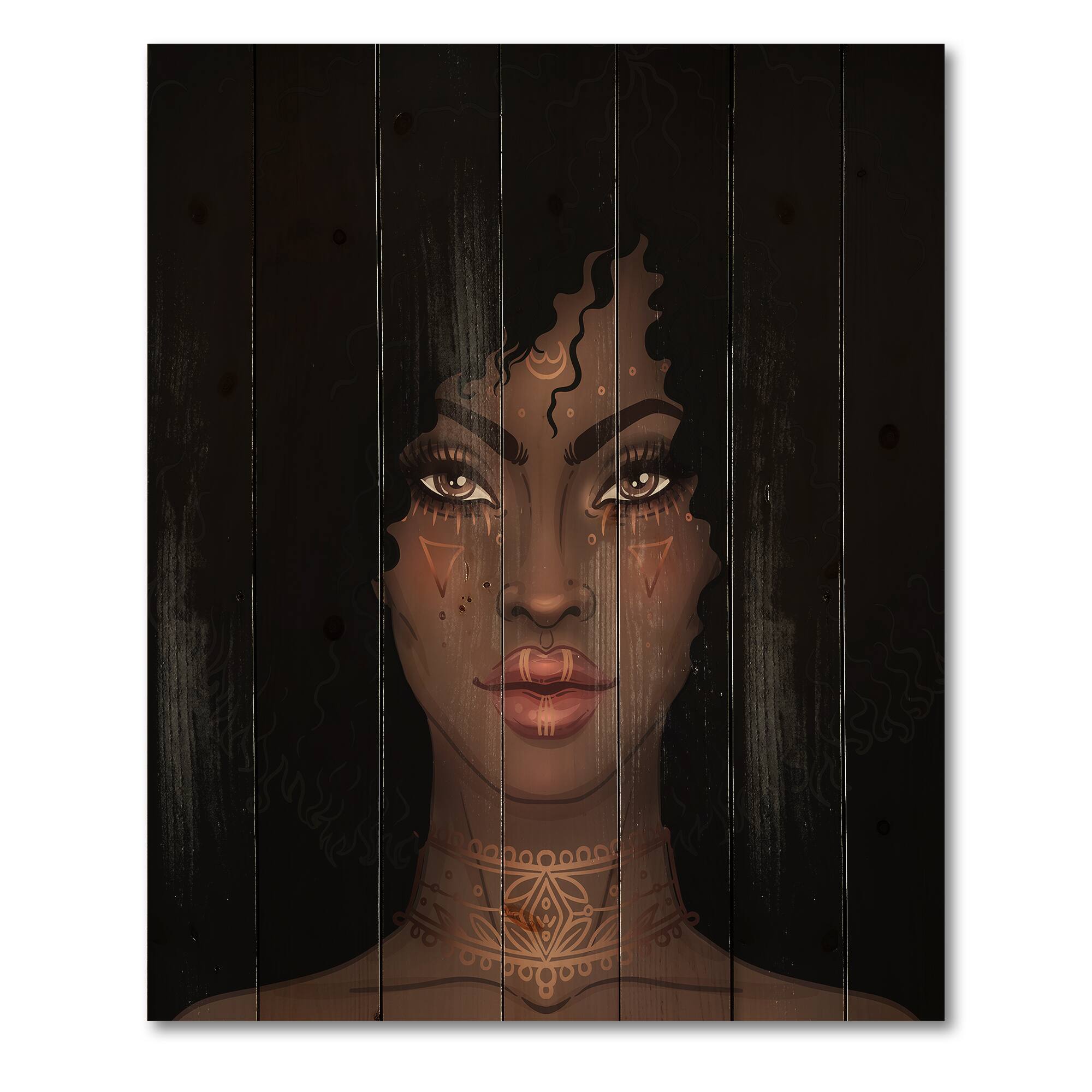 Designart - Portrait of African American Woman II - Modern Print on Natural Pine Wood