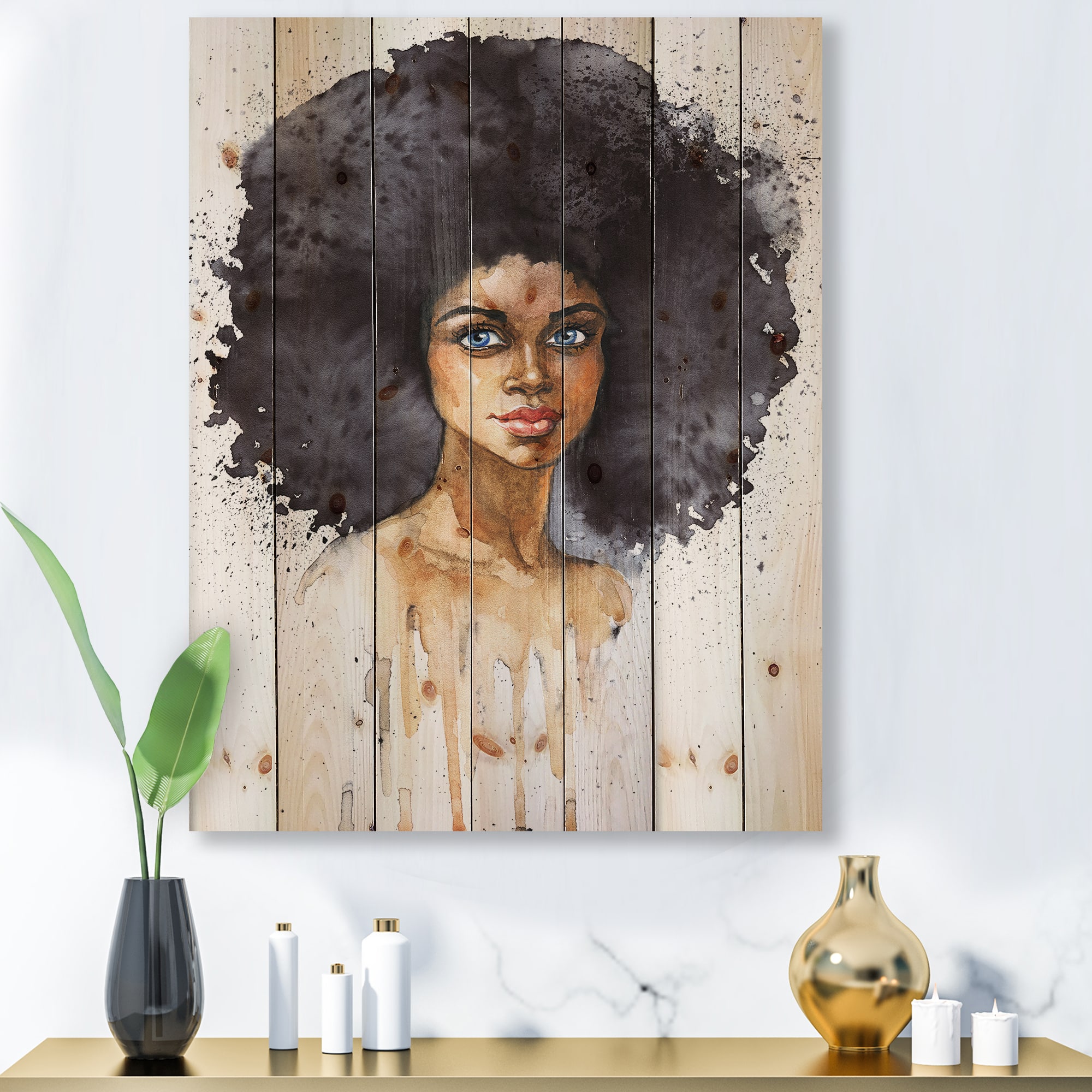 Designart - Portrait of African American Woman X - Modern Print on Natural Pine Wood