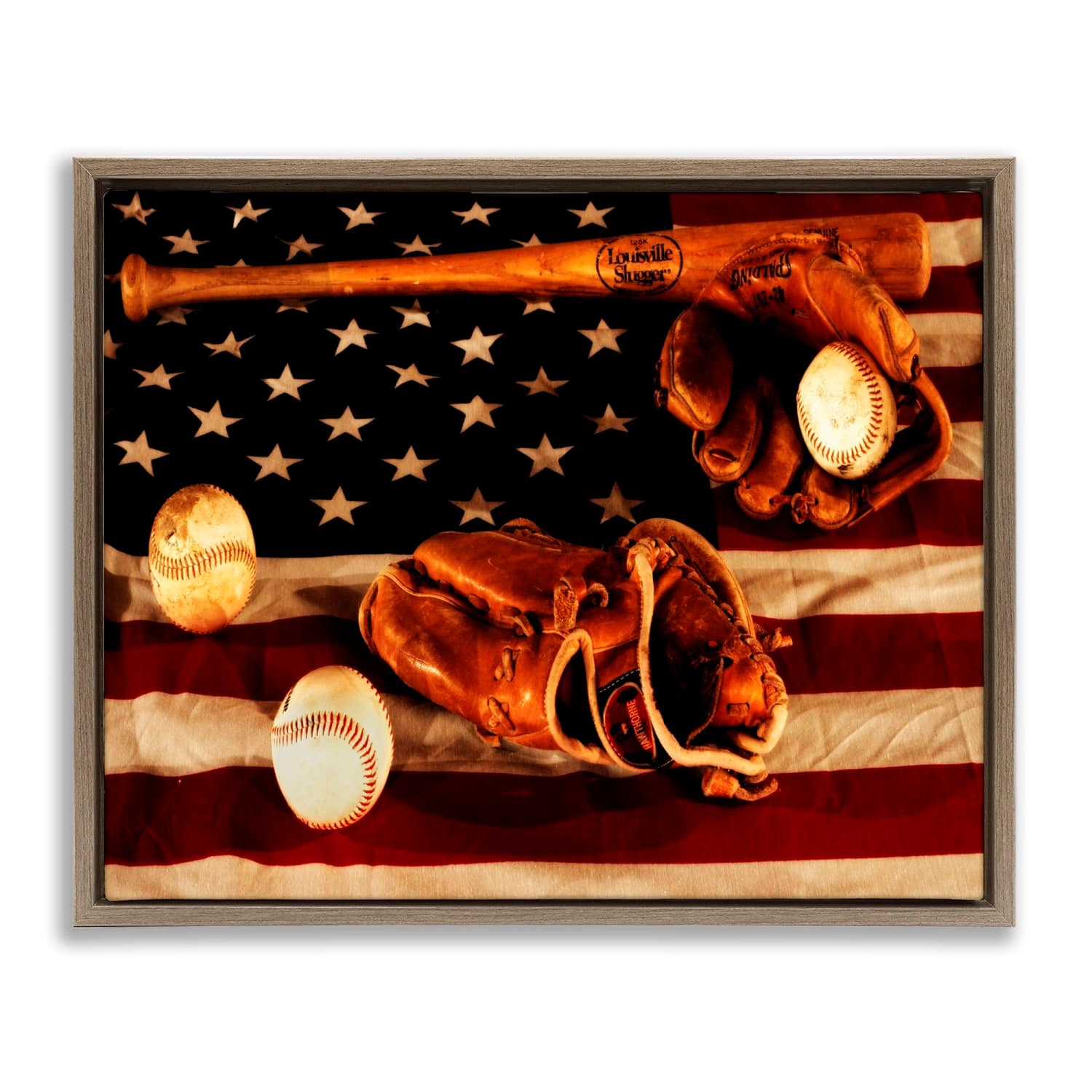 Stupell Industries Vintage American Flag Baseball Photo Floater Framed Art