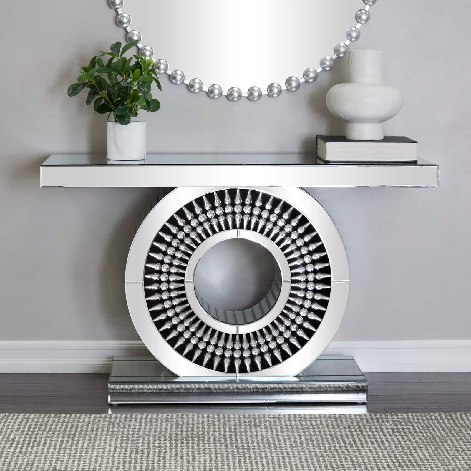 Silver Wood Mirrored Crystal Console Table 47" x 16" x 30"