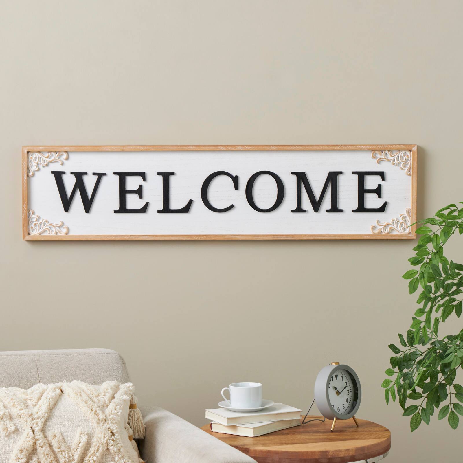 46" x 11" White with Scroll Details Wooden Welcome Sign Wall Décor