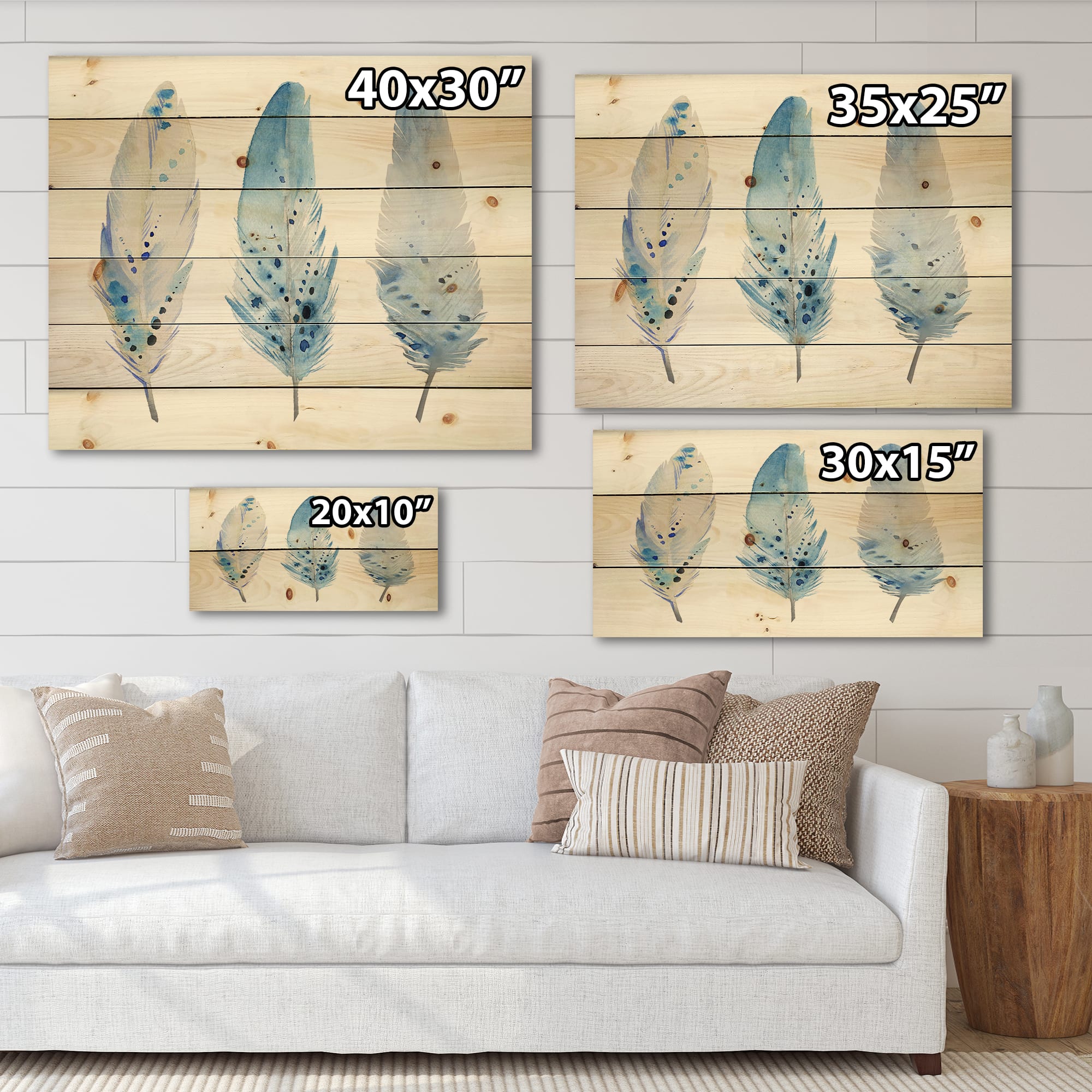 Designart - Blue Boho Feathers II - Lake House Print on Natural Pine Wood