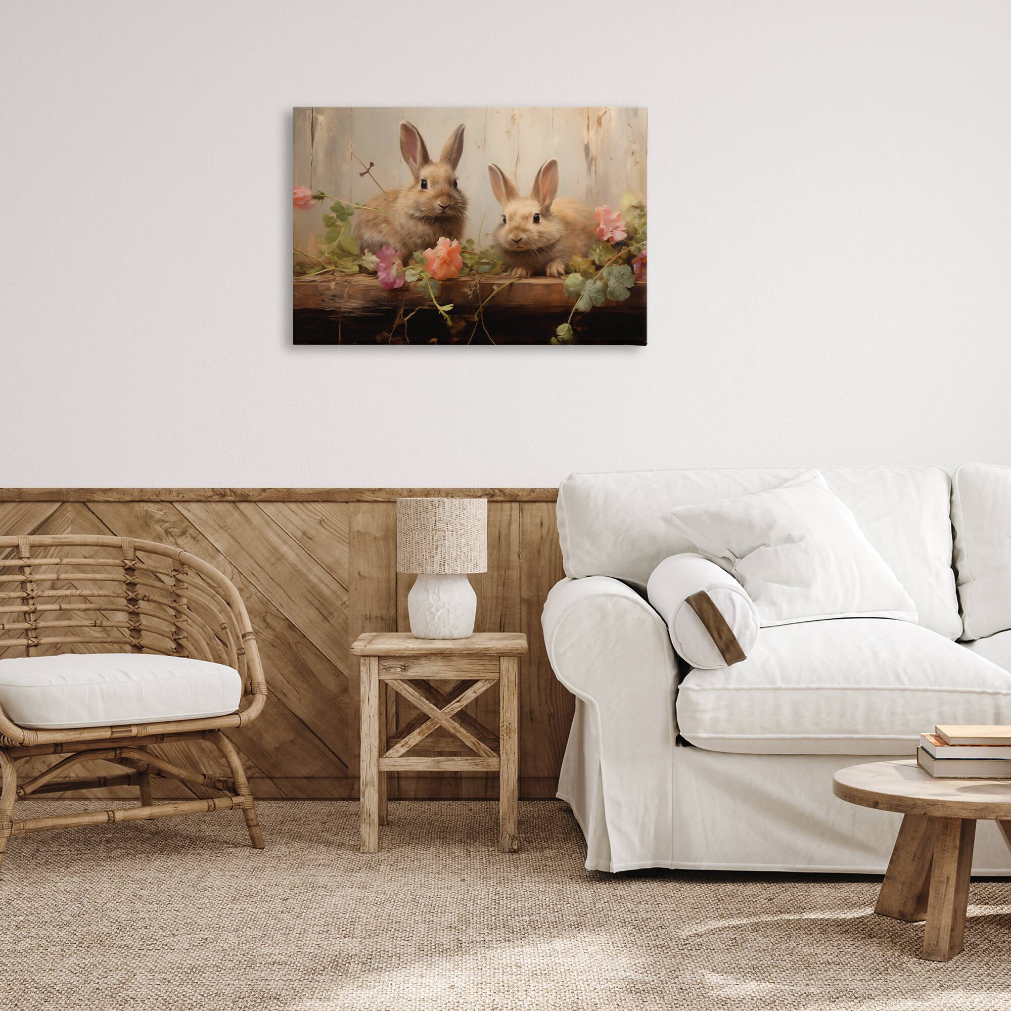 Stupell Industries Easter Bunnies with Garden Blooms Canvas Wall Art