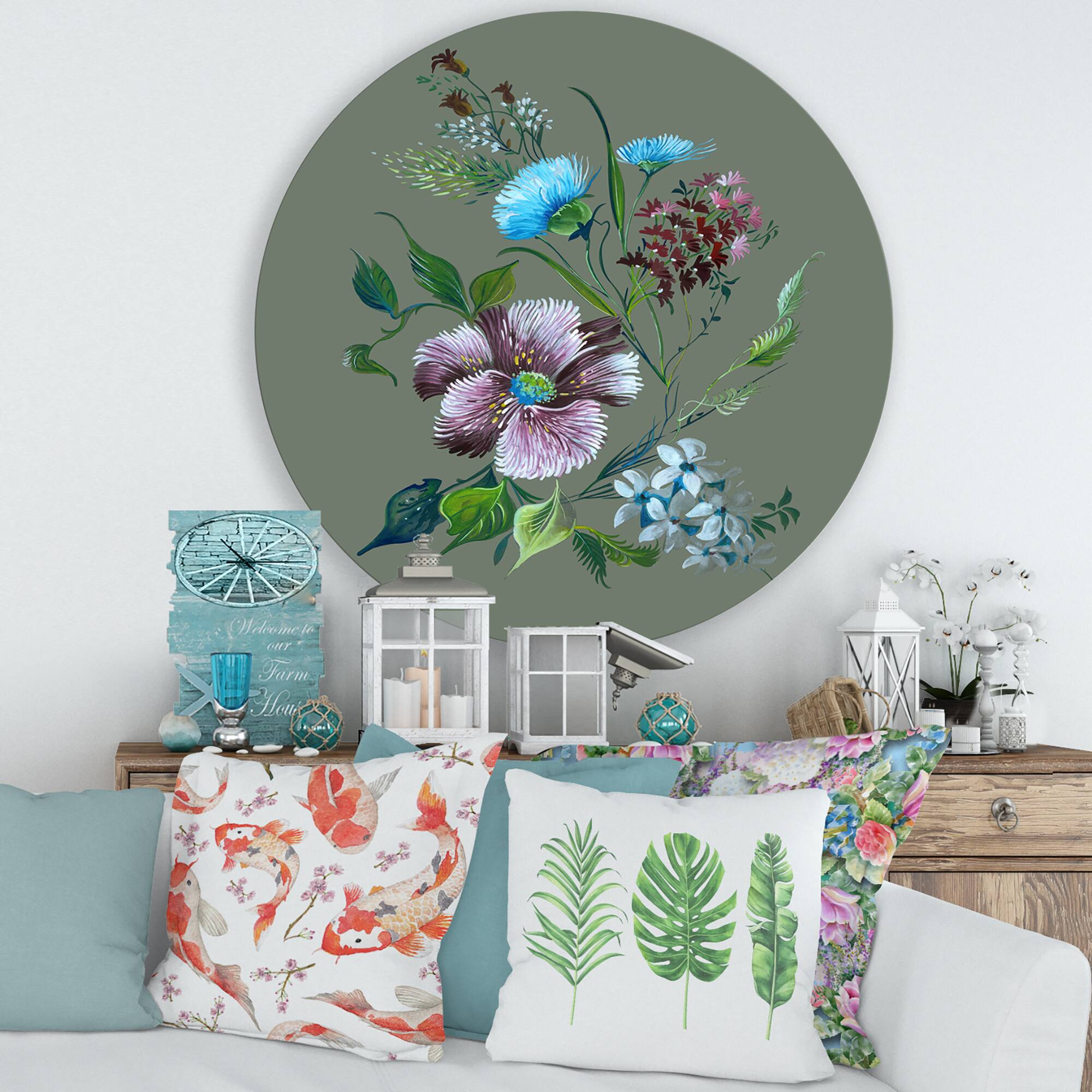 Designart - Purple and Turquoise Spring Flowers - Traditional Metal Circle Wall Art