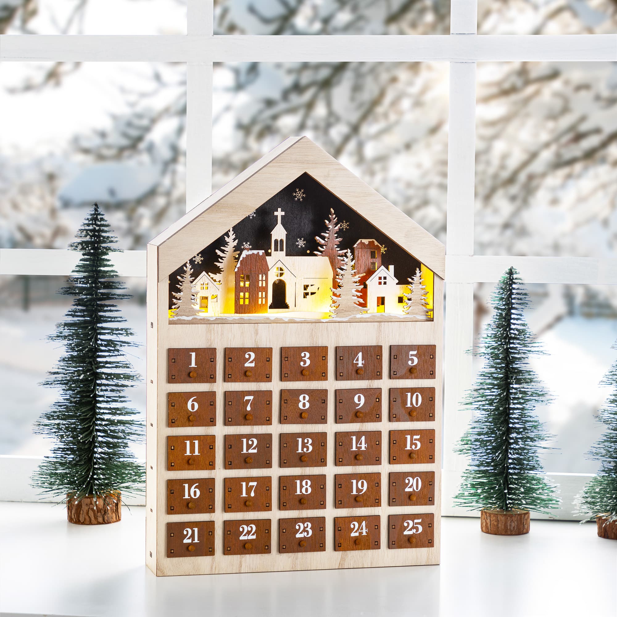 Glitzhome® 15.75" Lighted Wooden Christmas Village Advent Calendar Decor