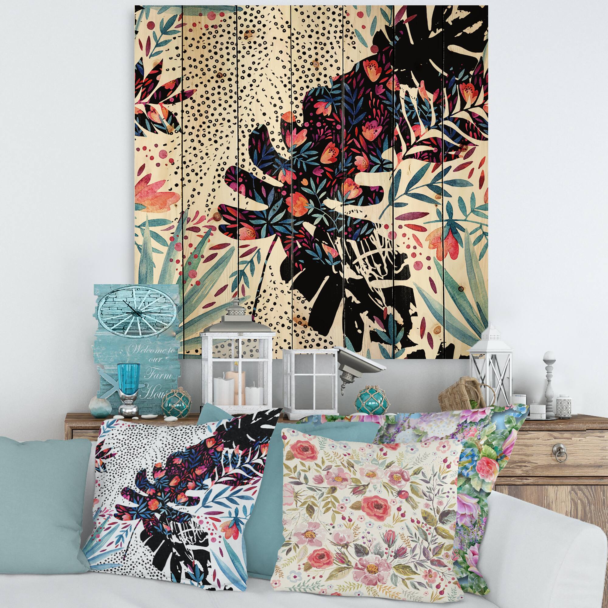Designart - Tropical Floral Patchwork I - Tropical Print on Natural Pine Wood
