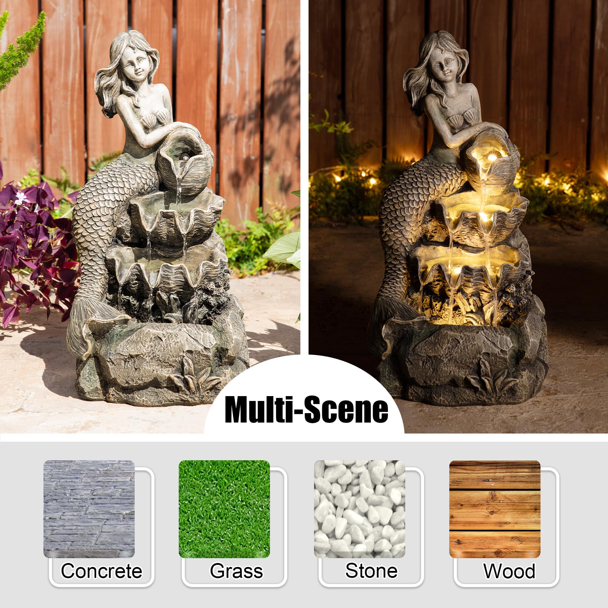 Glitzhome® 22.25" LED 4-Tier Concrete Mermaid Outdoor Fountain