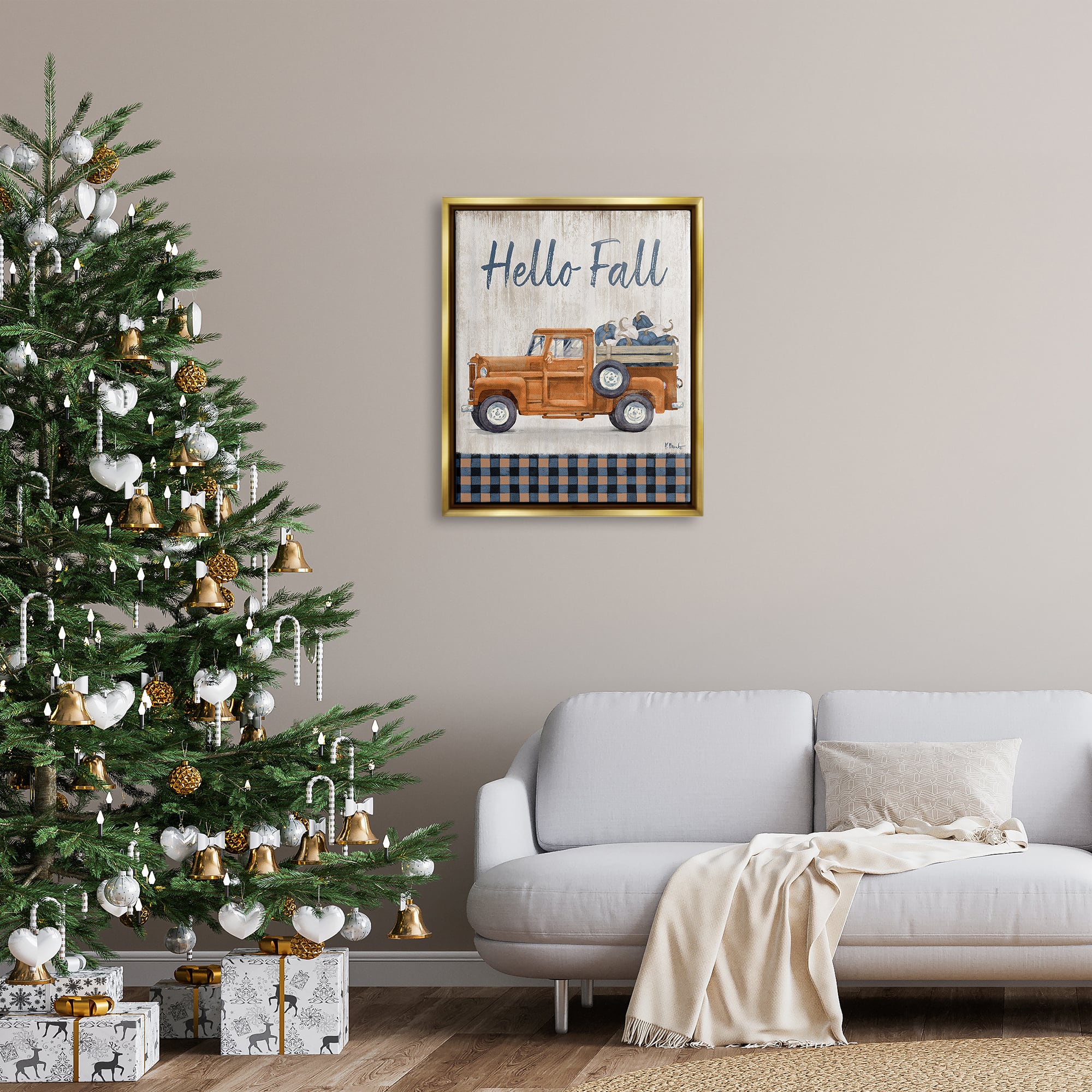 Stupell Industries Hello Fall Plaid Pumpkin Truck Framed Floater Canvas Wall Art