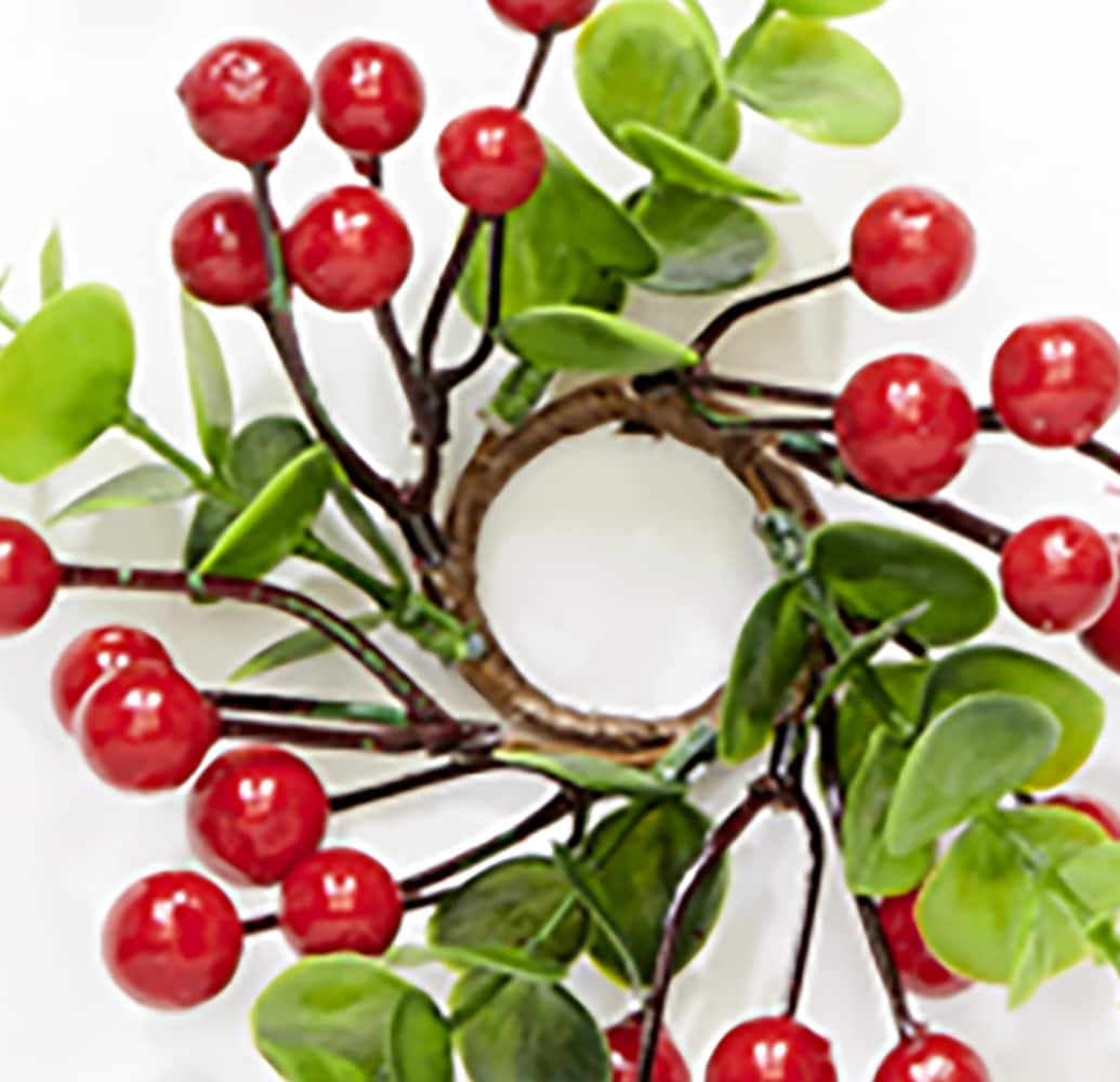 6" Red Berry & Eucalyptus Leaf Taper Candle Rings, 6ct.
