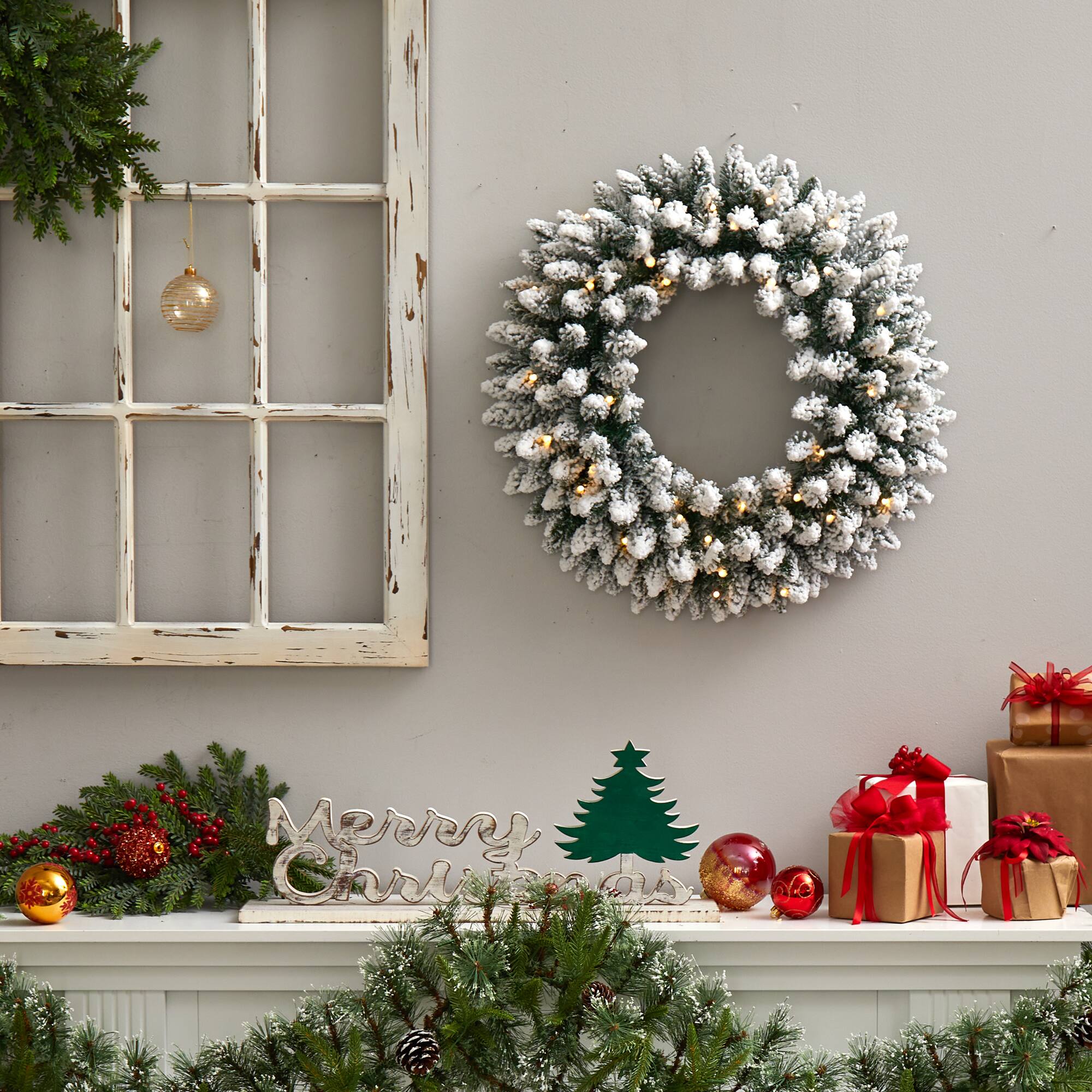 24" White LED Lights Flocked Artificial Christmas Wreath