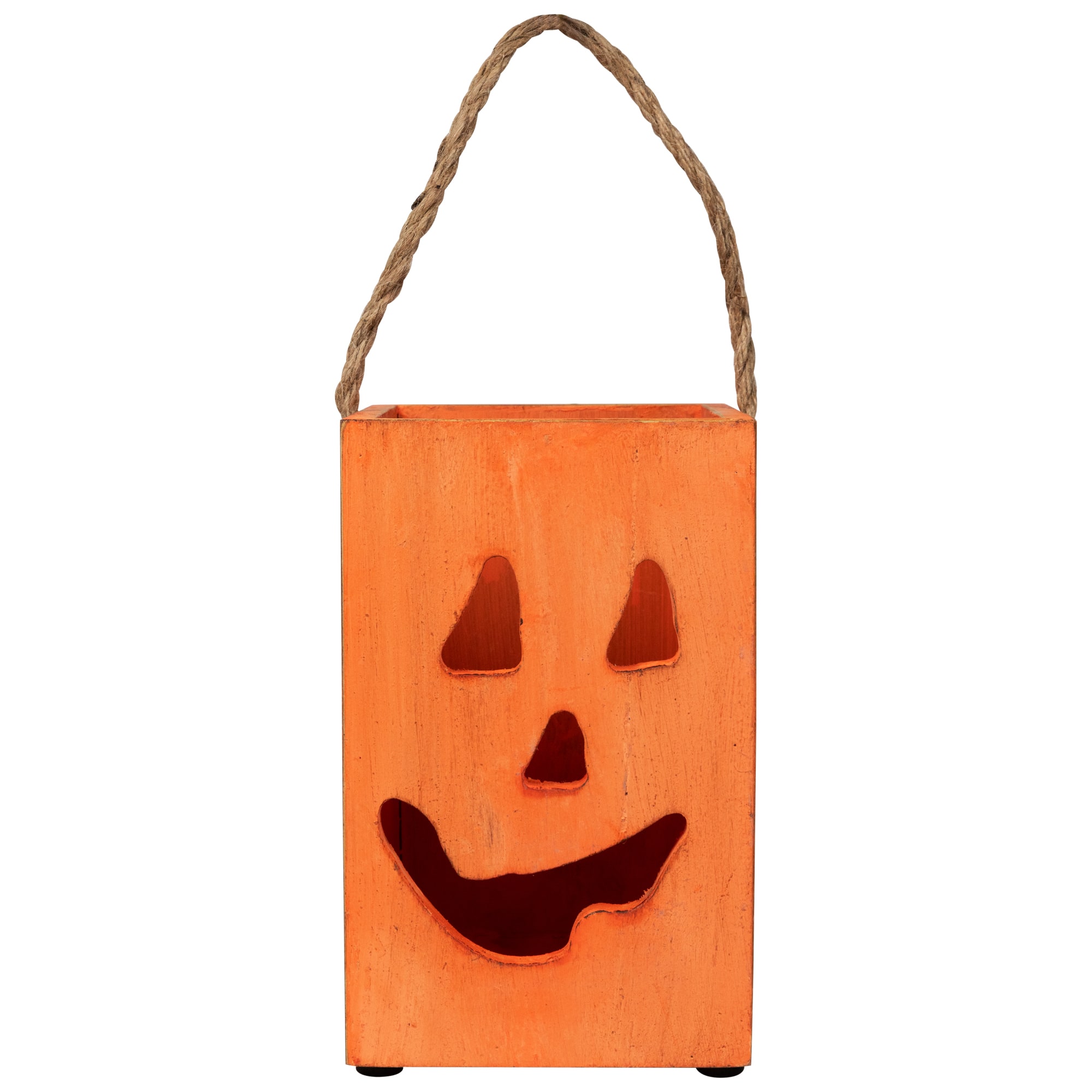 8" Large Orange Wood Jack-O-Lantern Halloween Candle Lantern