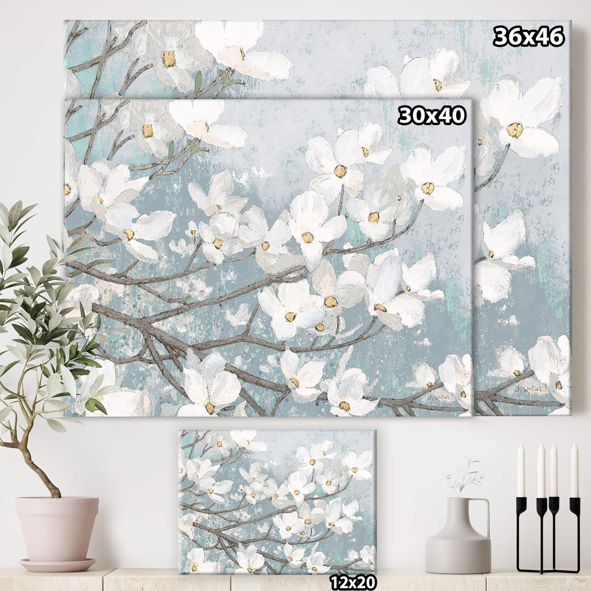 Designart - Blue on Grey Blossoms - Traditional Canvas Artwork
