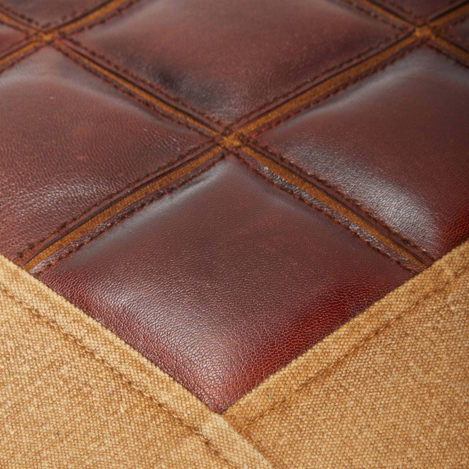Brown Canvas and Leather Rustic Pouf, 17" x 20" x 20"