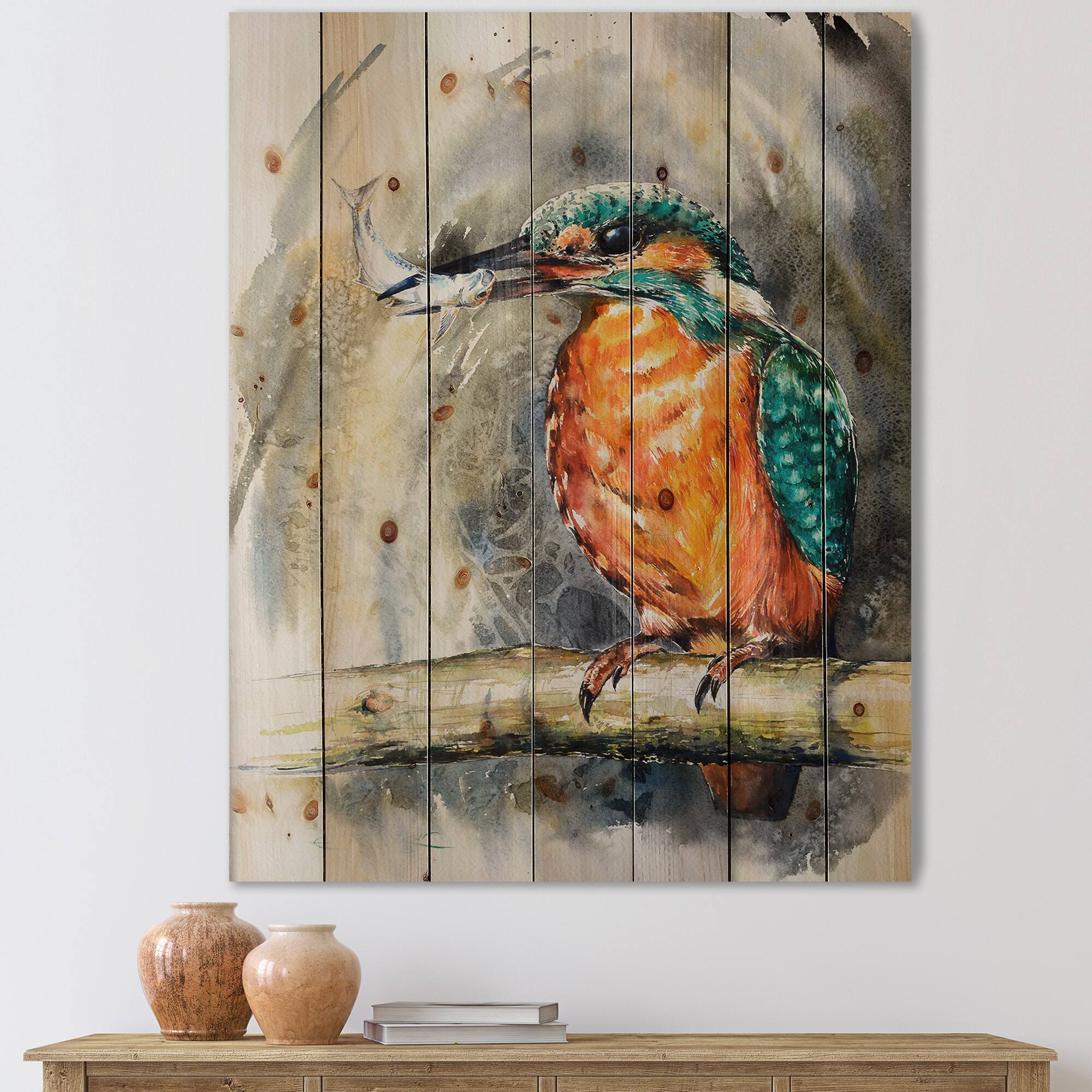 Designart - Common Kingfisher Eating A Small Fish - Traditional Print on Natural Pine Wood