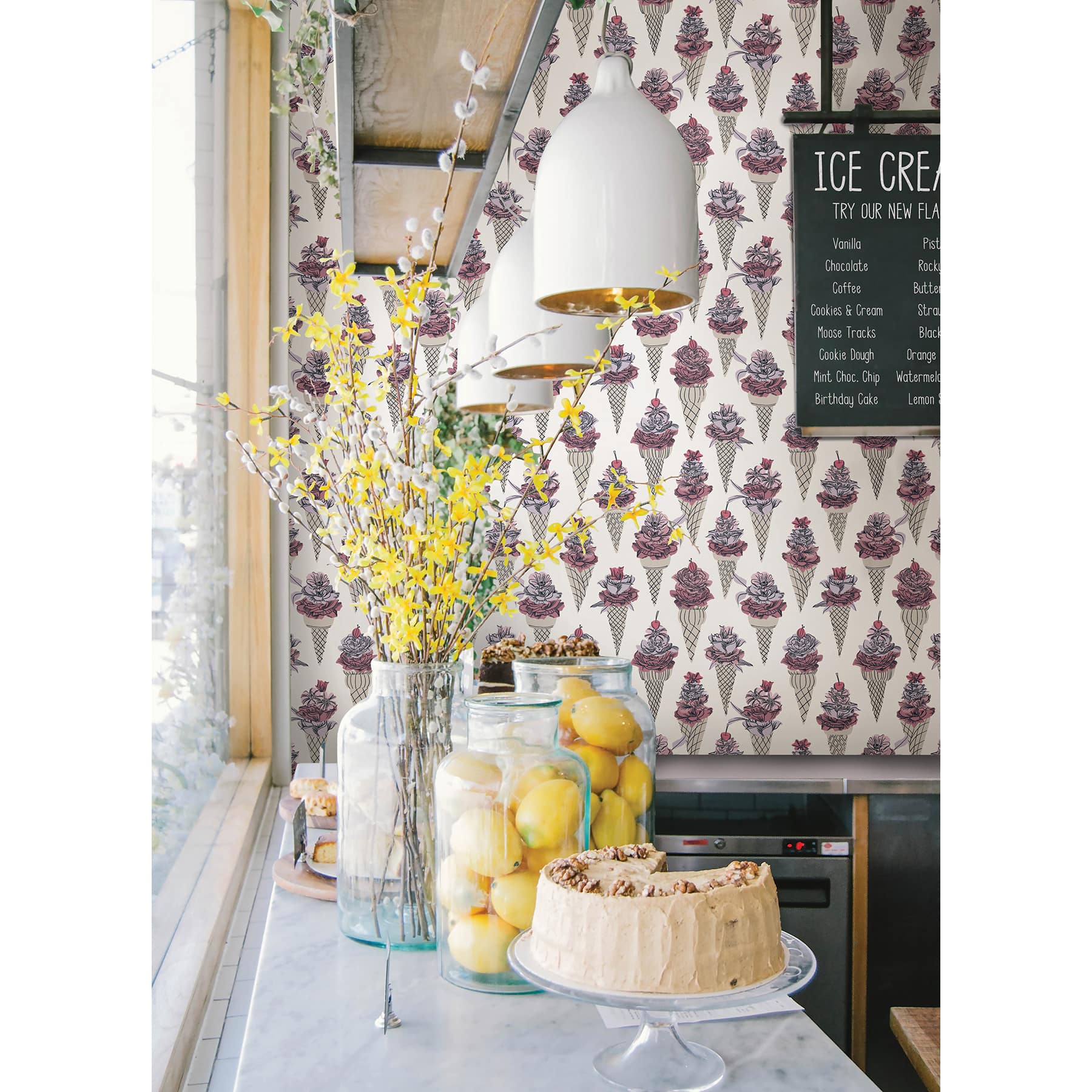 By Dylan M Pink Floral Ice Cream Peel & Stick Wallpaper