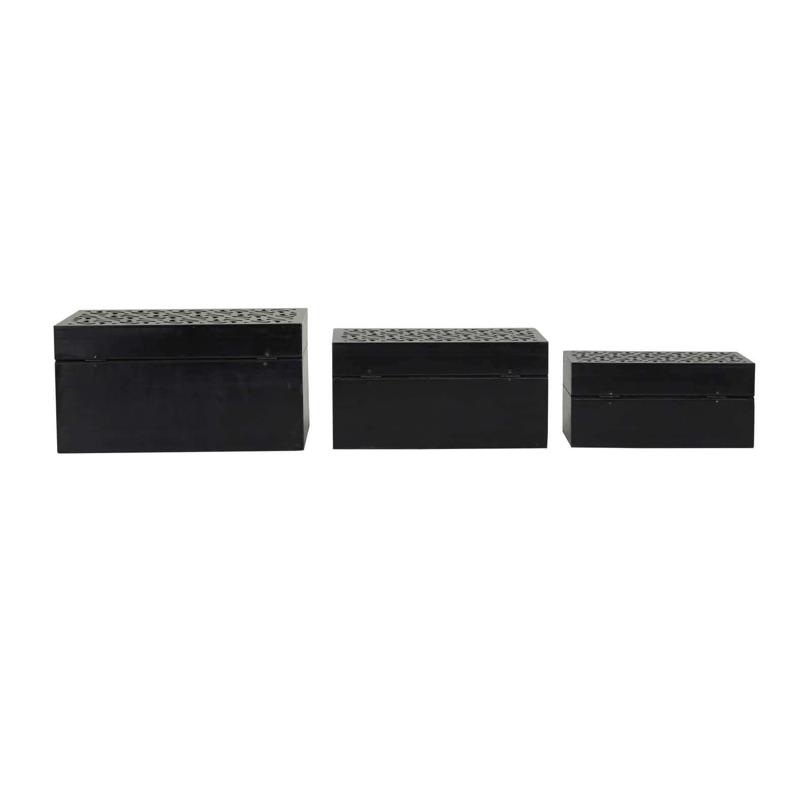 Black Wood Intricate Carved Box with Hinged Lid Set