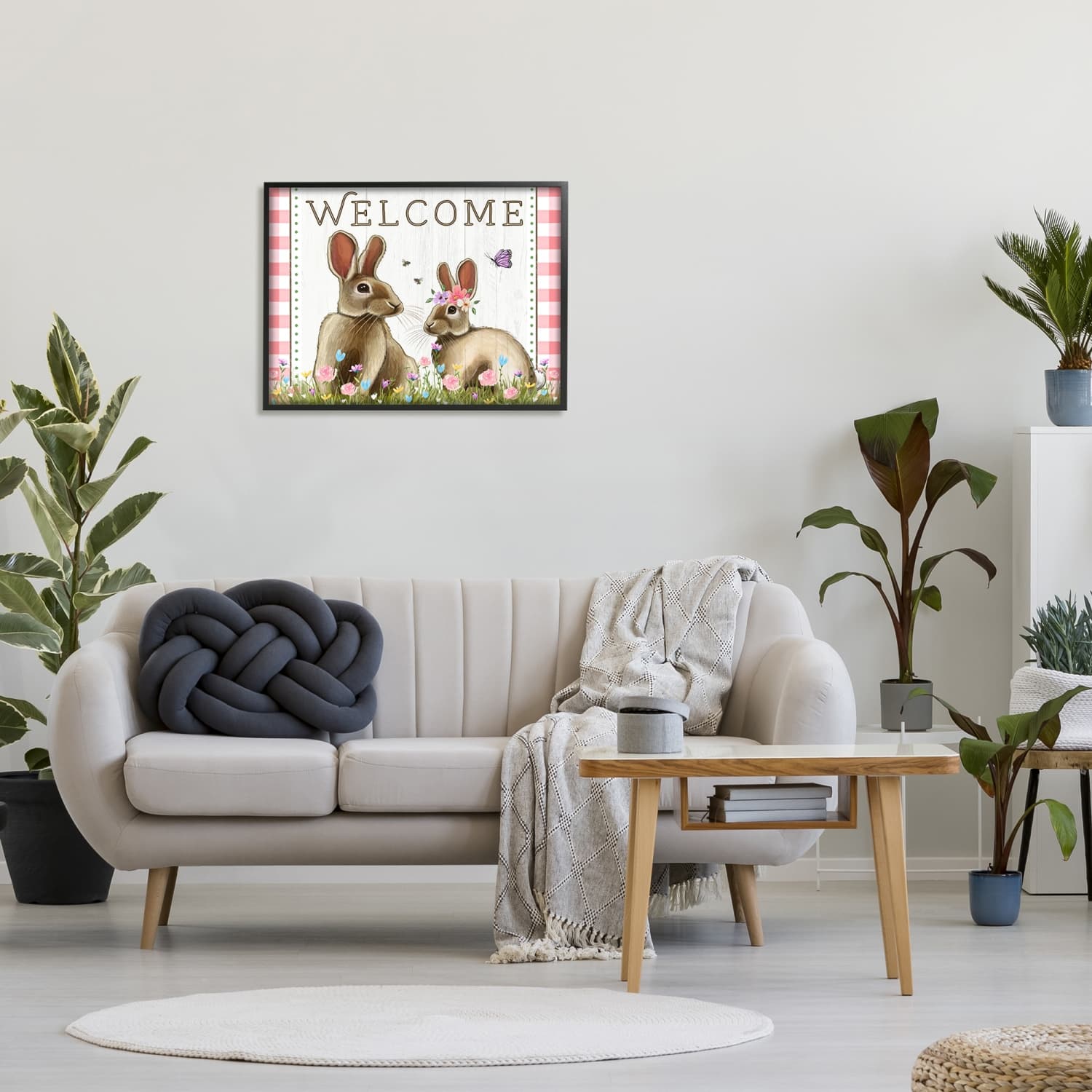 Stupell Industries Welcome Plaid Spring Garden Rabbits Framed Giclee Art