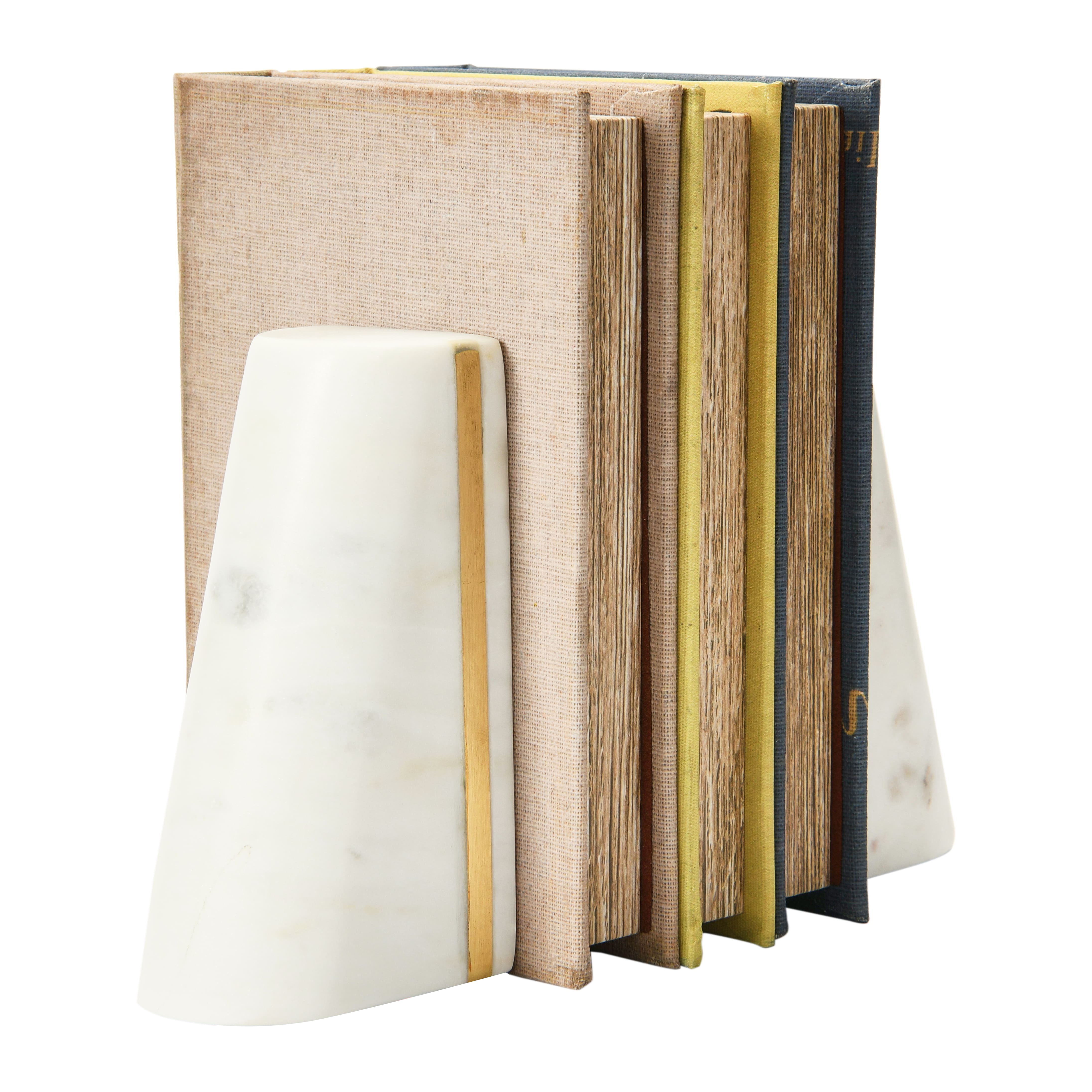 Hello Honey® 6" White Geometric Marble Bookends with Brass Inlay, 2ct.