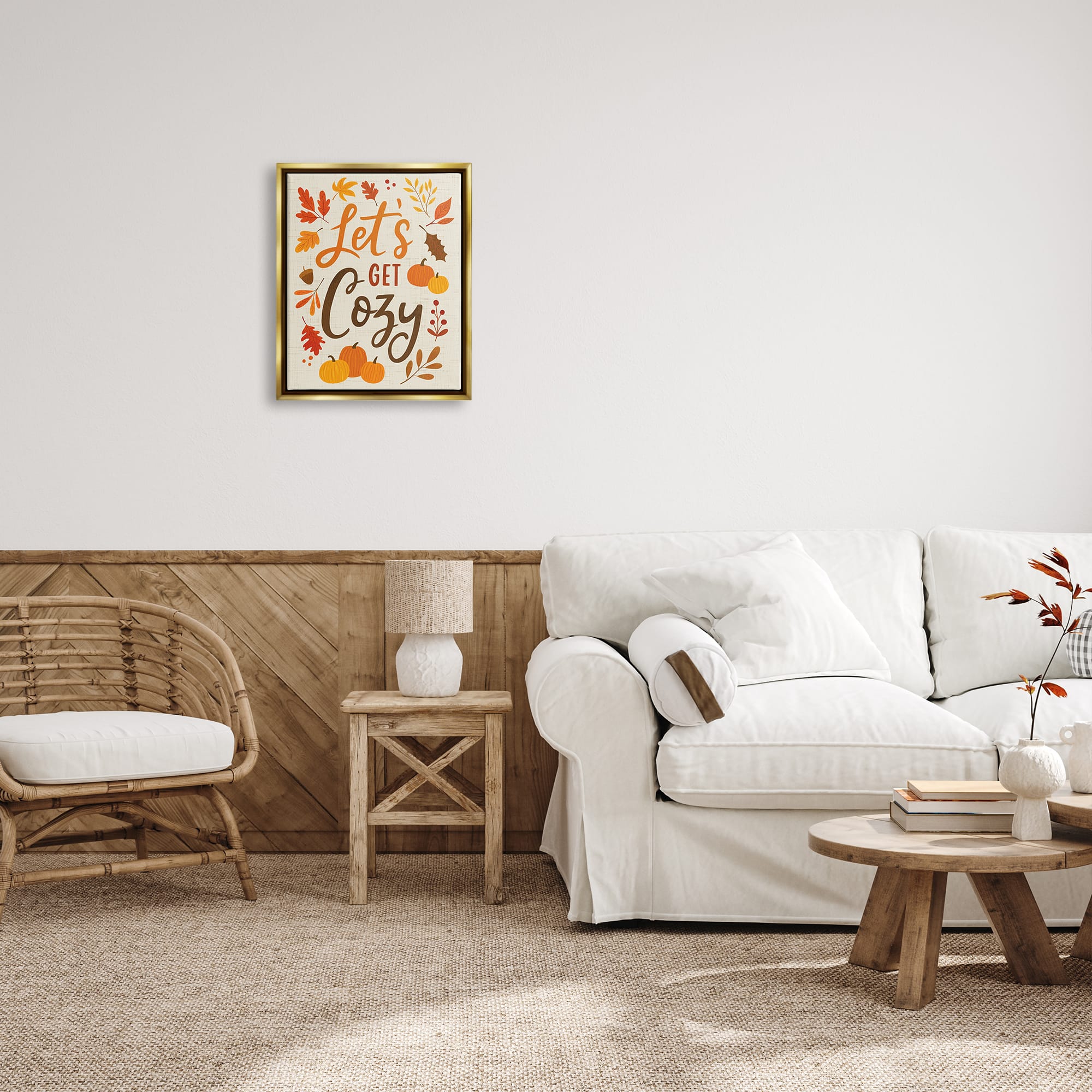 Stupell Industries Lets Get Cozy Autumnal Leaf Sprigs Framed Floater Canvas Wall Art