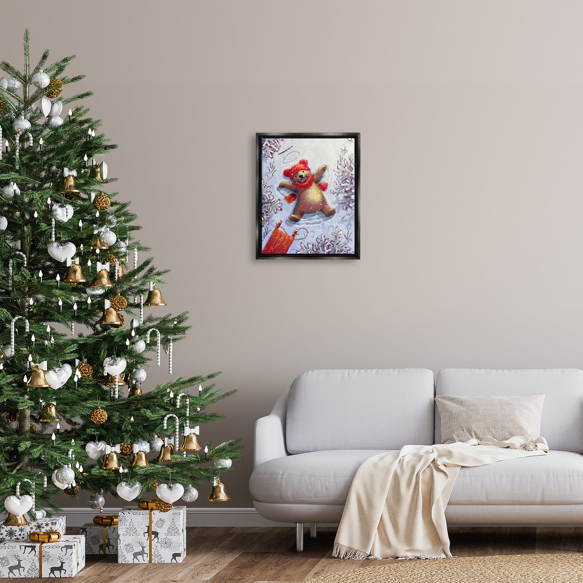 Stupell Industries Bear Cub Snow Angel Sled Framed Floater Canvas Wall Art