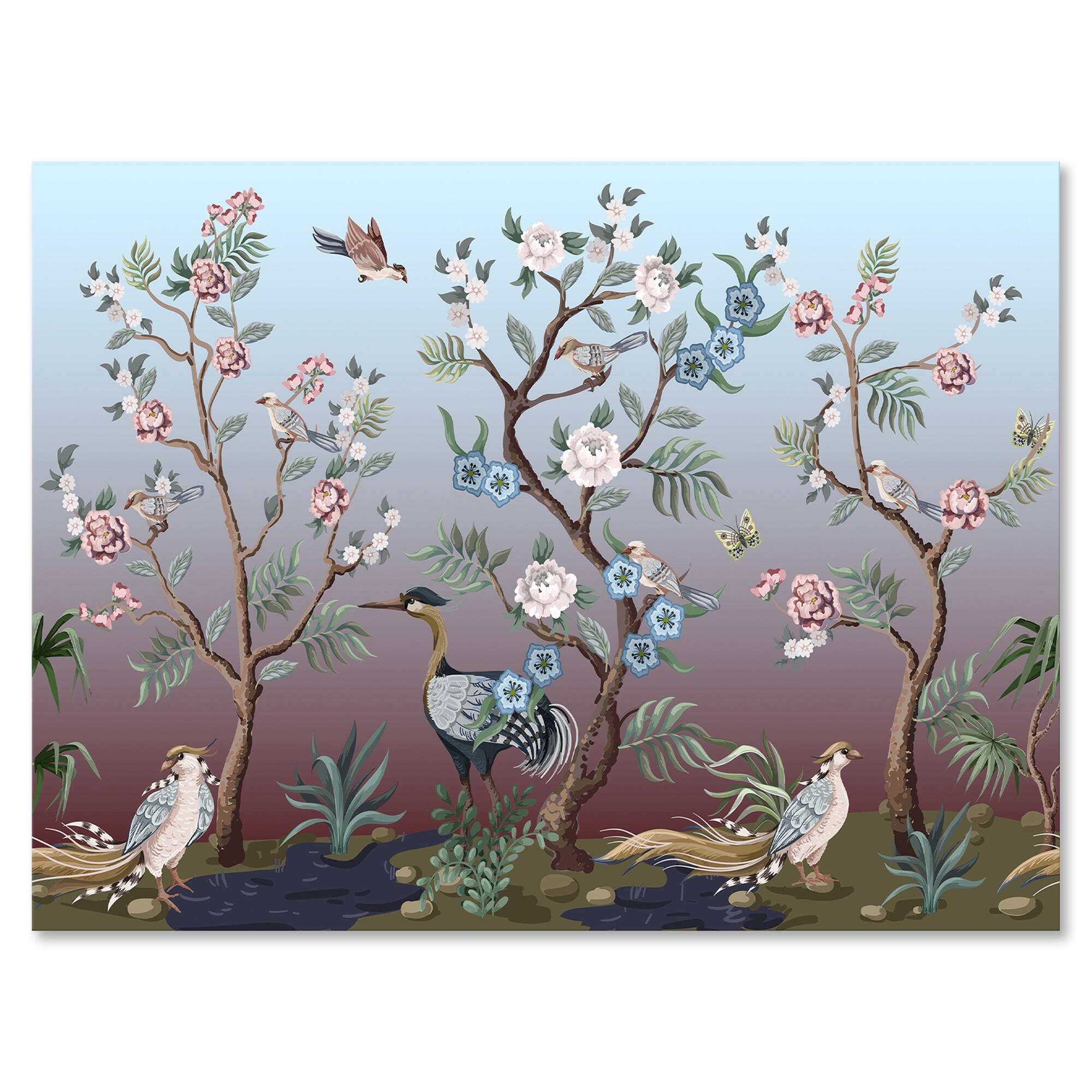 Designart - Chinoiserie With Birds and Peonies XI - Traditional Canvas Wall Art Print