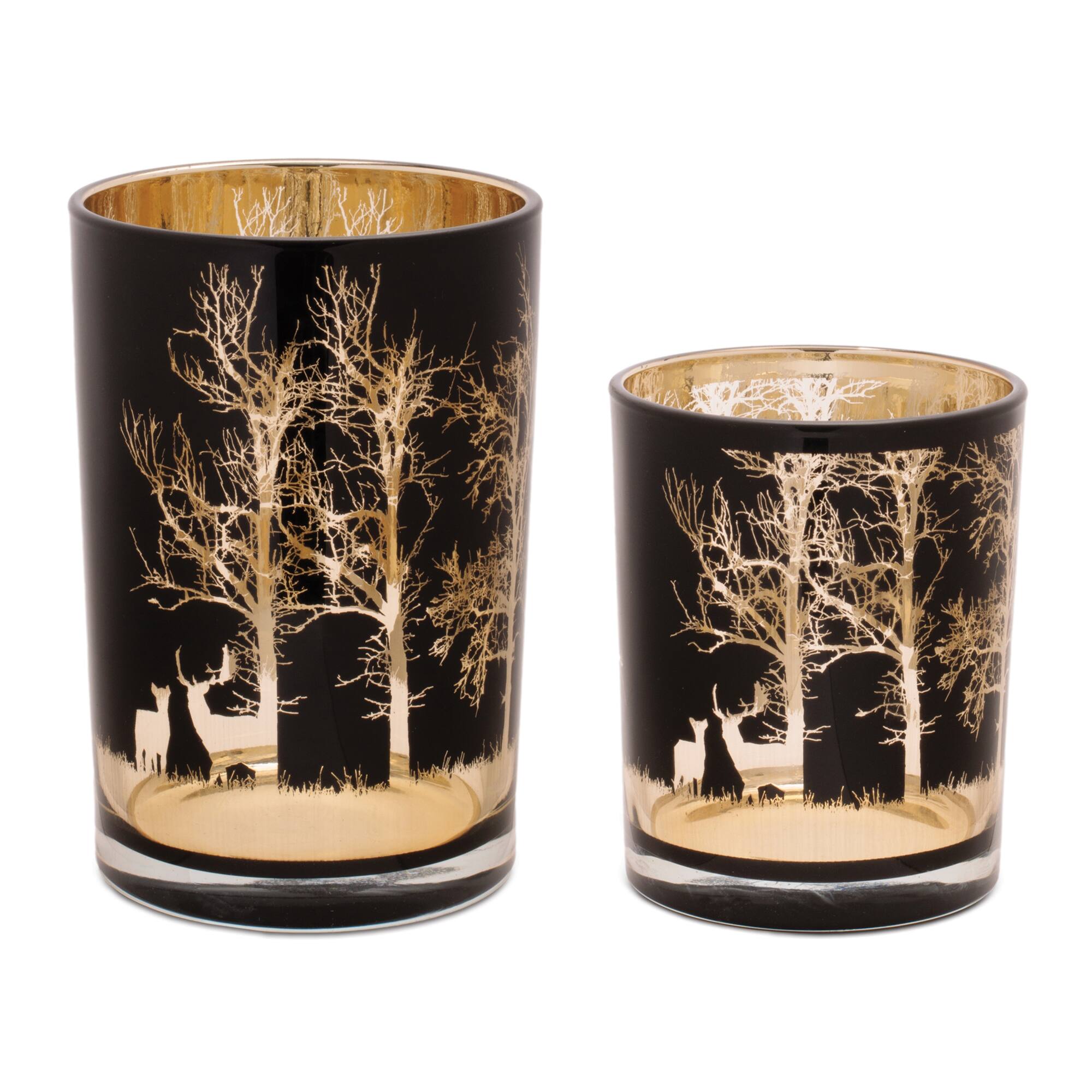 Black & Gold Mossy Oak Deer Glass Candle Holder Set