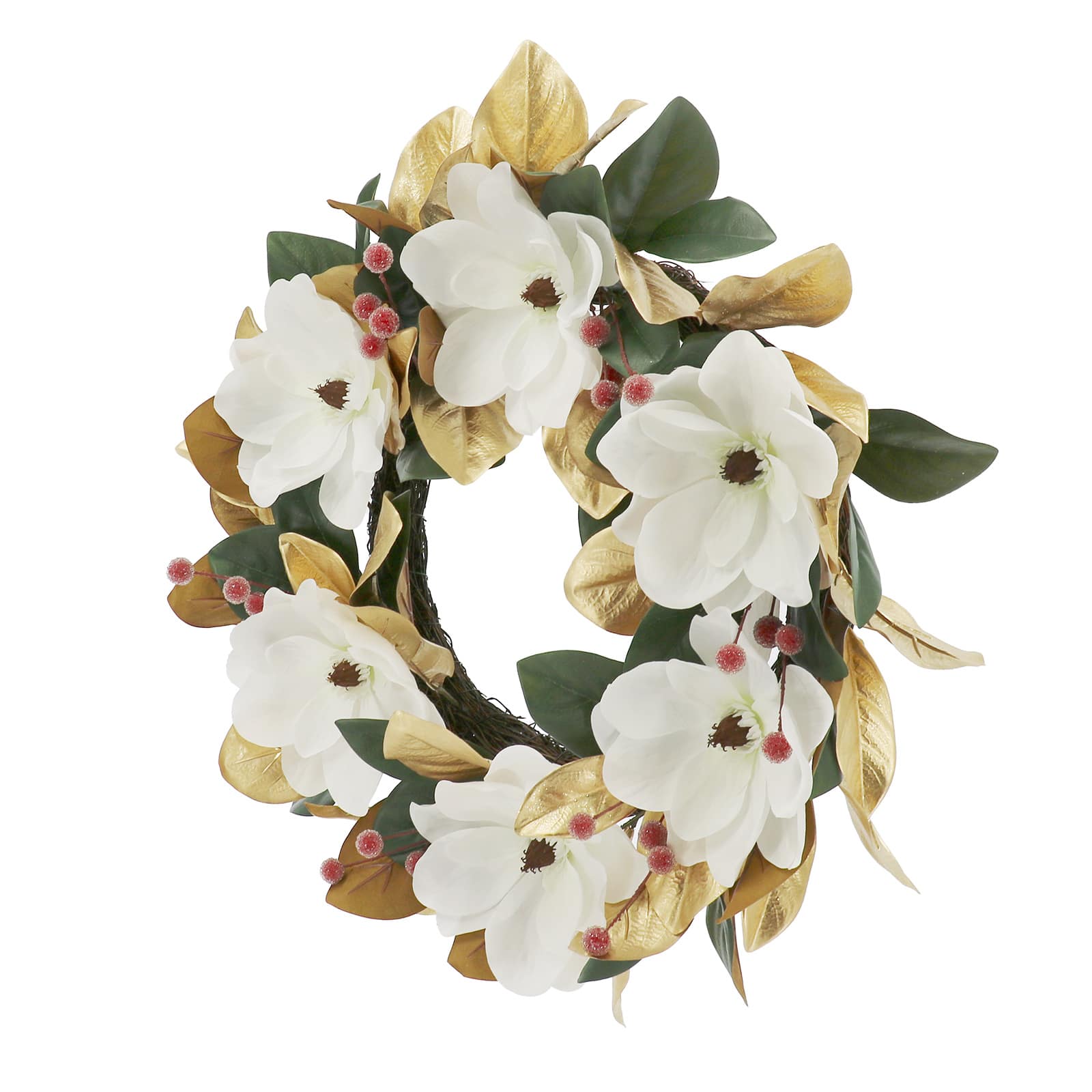 26" White, Green & Gold Magnolia Flower & Leaf Wreath by Ashland®