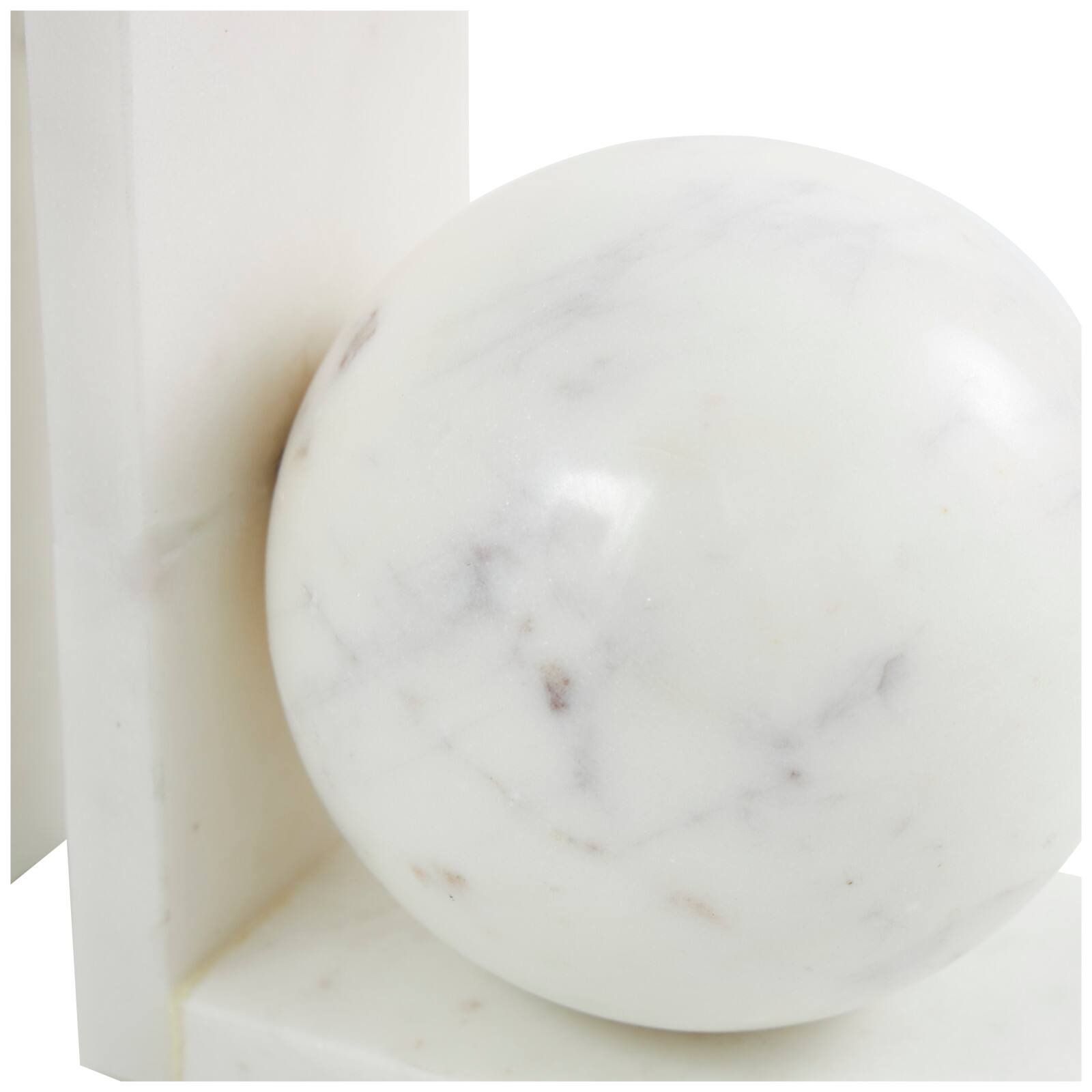 7" White Marble Sleek Orb Geometric Bookends with L-Shaped Bases Set