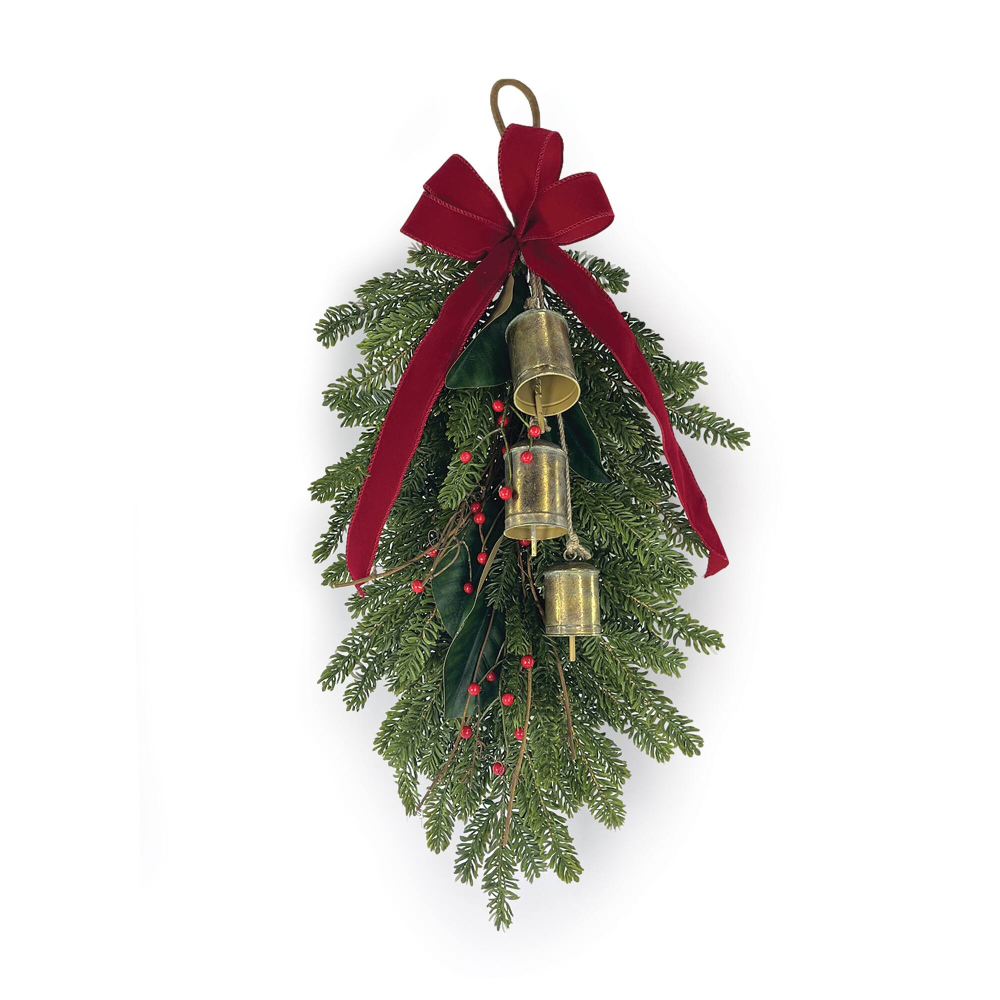 Melrose 32" Green Fresh Touch Pine, Berry with Bells & Bow Swag